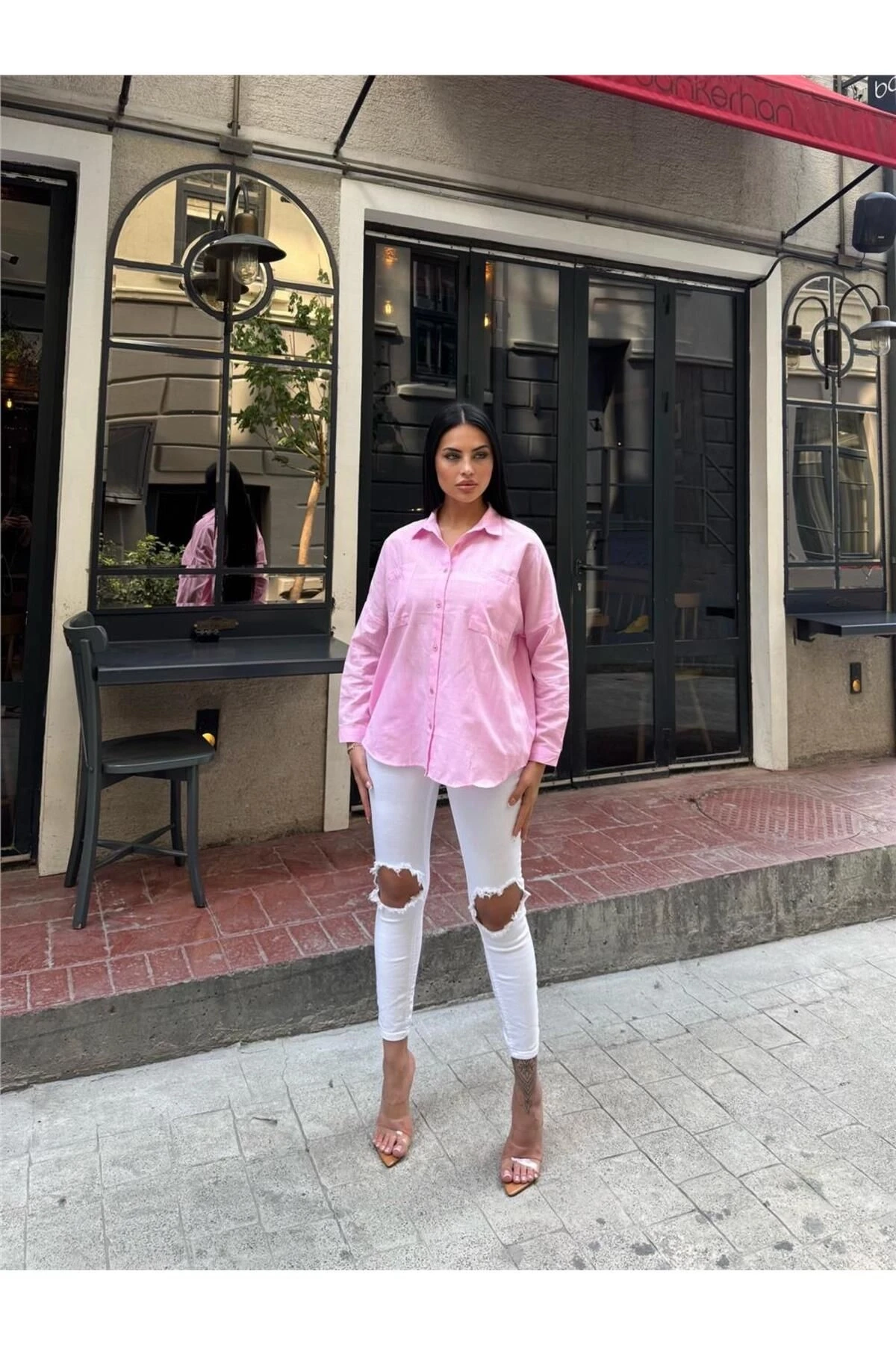 Pembe Oversize Pamuk Karışımlı Cepli Gömlek