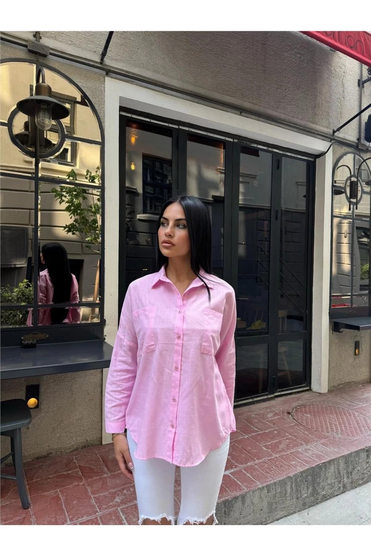 Pembe Oversize Pamuk Karışımlı Cepli Gömlek