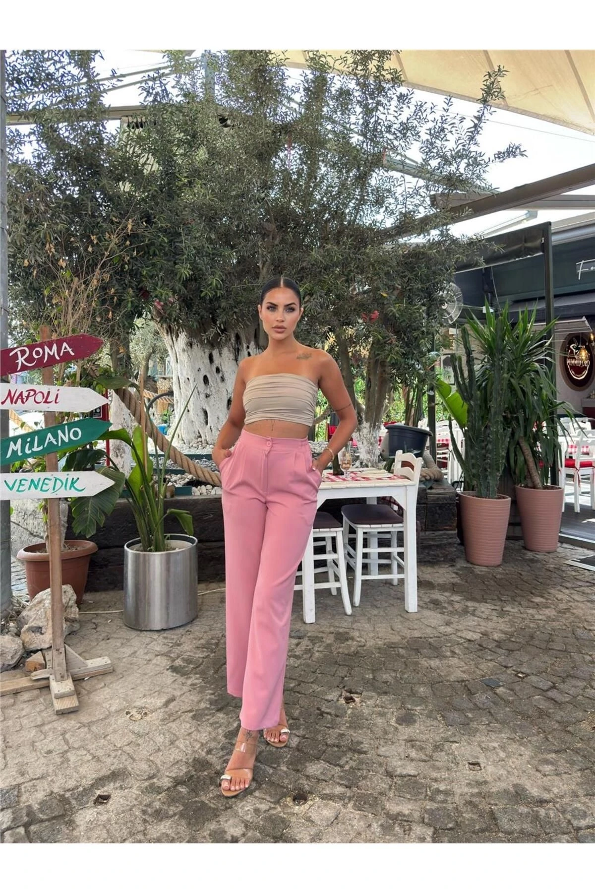 Pudra Likralı Palazzo Pantolon