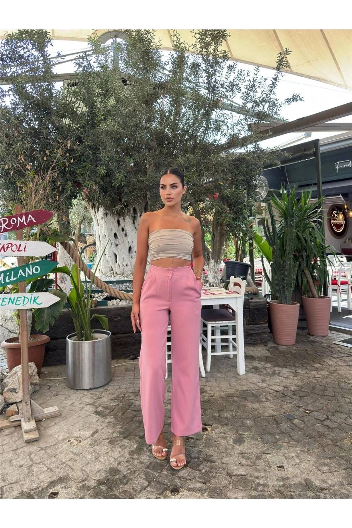 Pudra Likralı Palazzo Pantolon