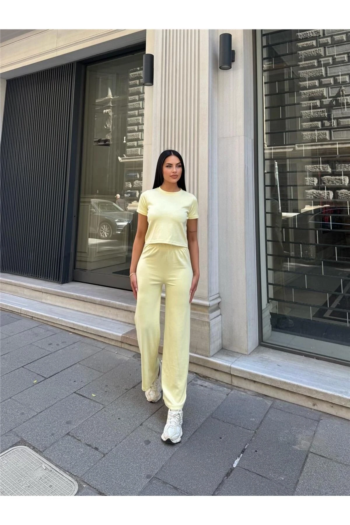 Sarı Modal Doku Elastan Palazzo Takım