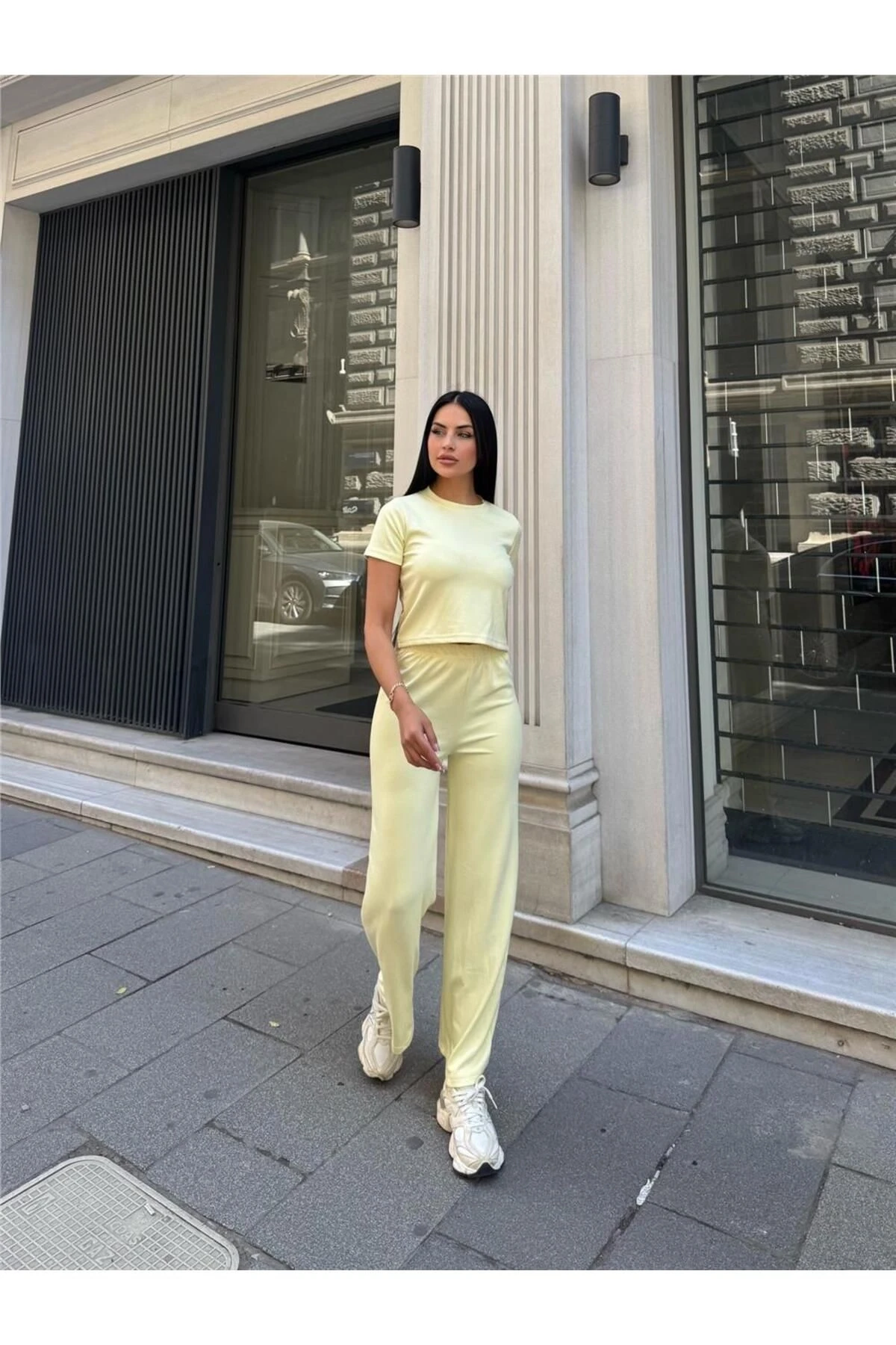 Sarı Modal Doku Elastan Palazzo Takım
