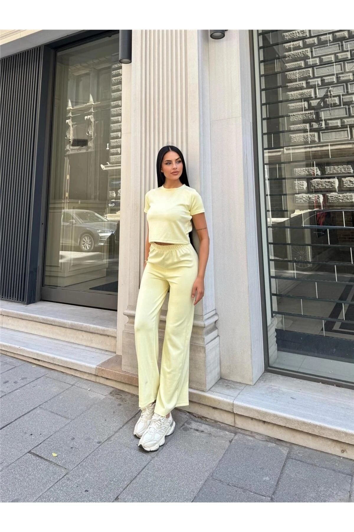 Sarı Modal Doku Elastan Palazzo Takım