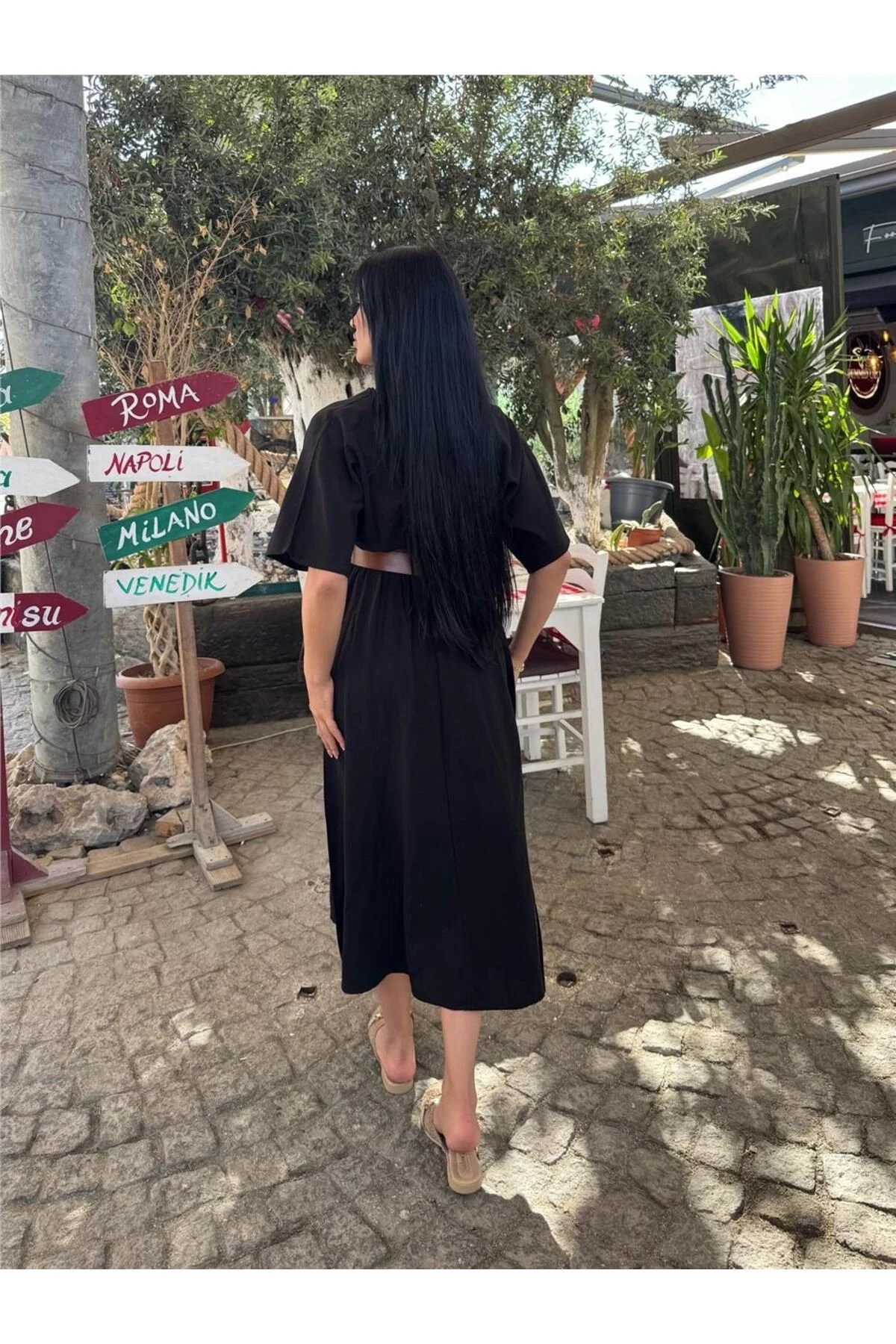 Siyah Kruvaze Kemerli Midi Elbise