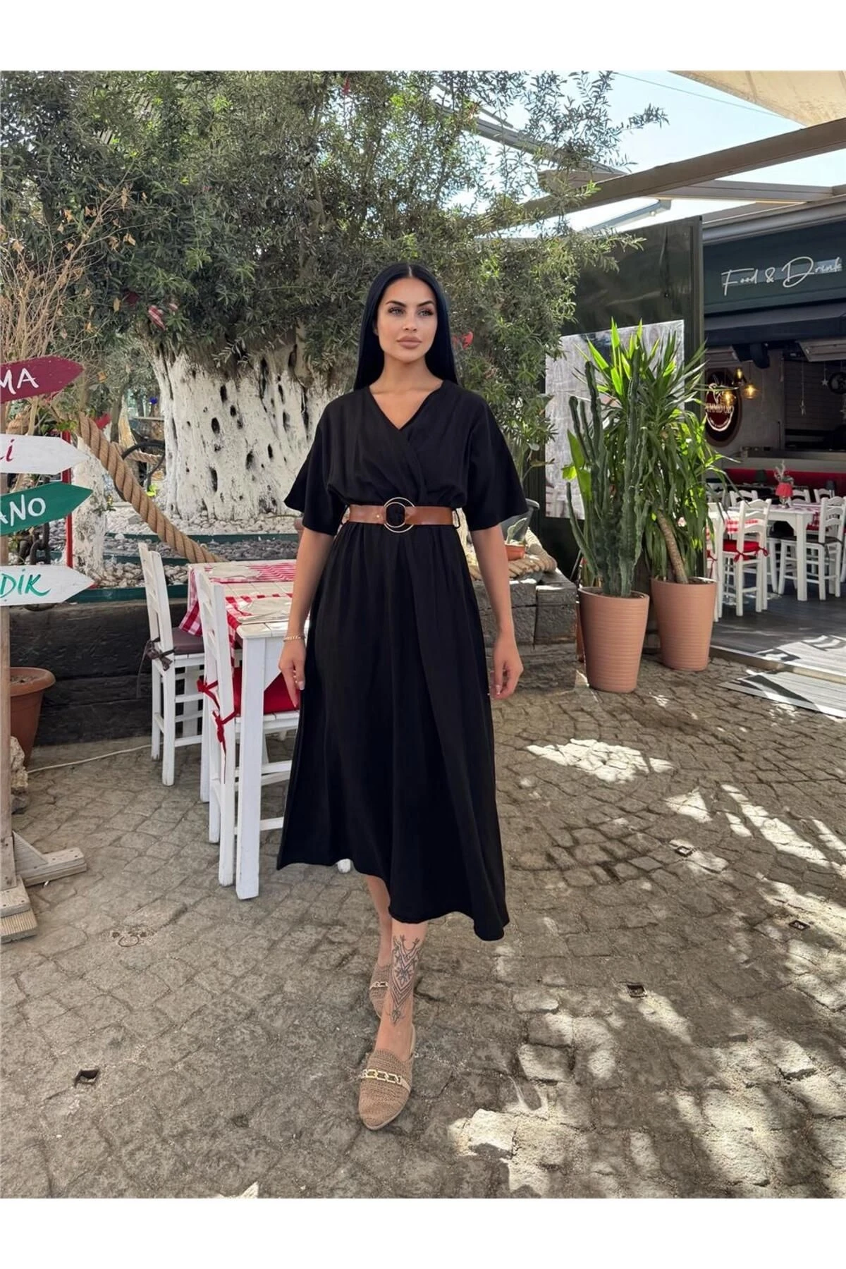 Siyah Kruvaze Kemerli Midi Elbise
