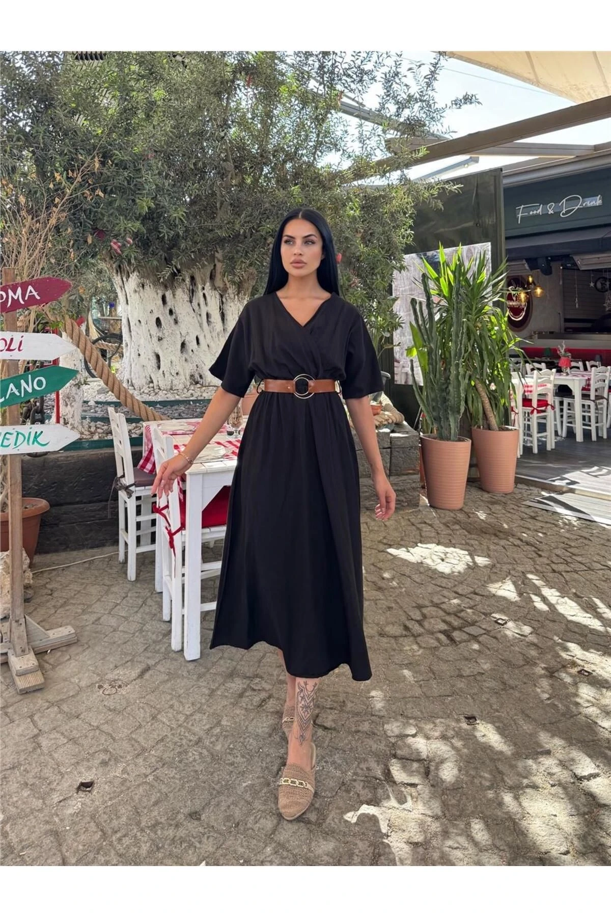 Siyah Kruvaze Kemerli Midi Elbise
