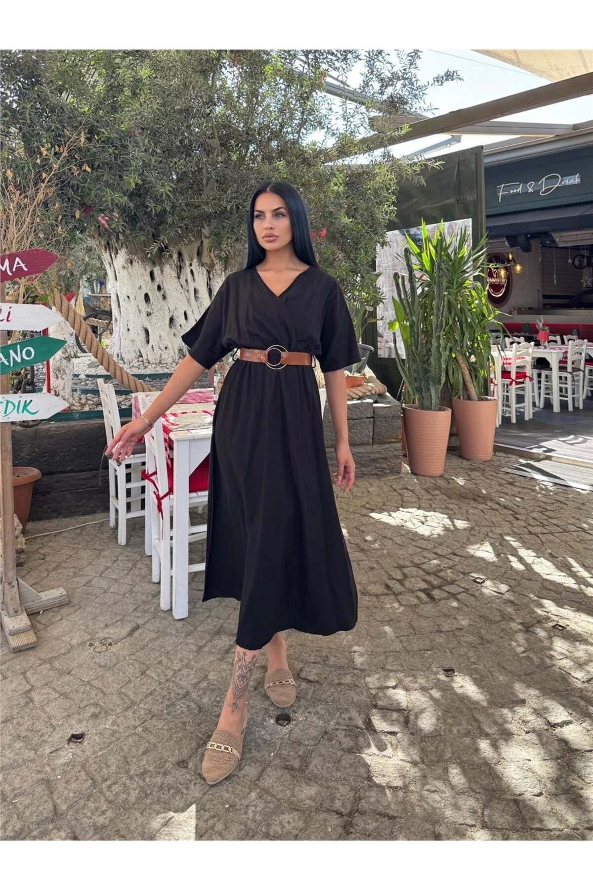 Siyah Kruvaze Kemerli Midi Elbise