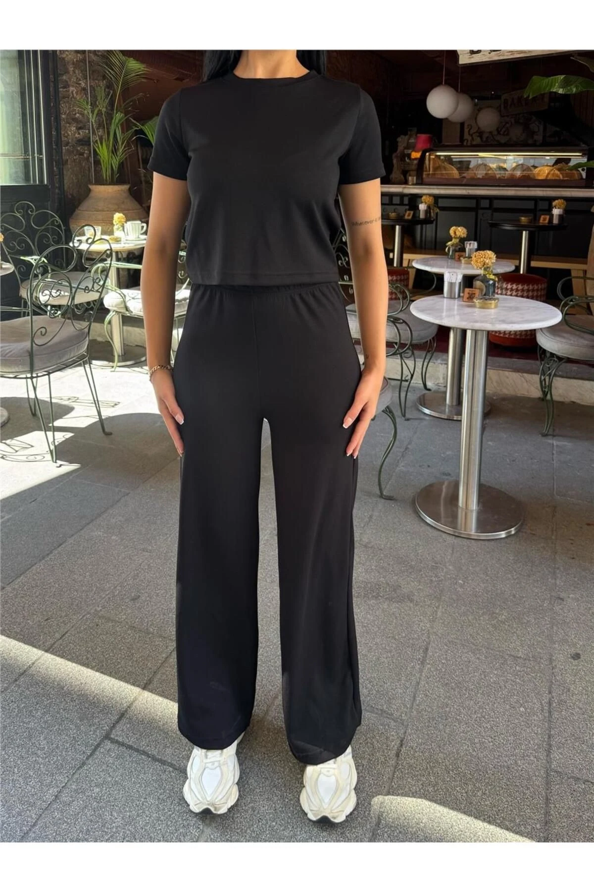 Siyah Modal Polyester Palazzo Takım