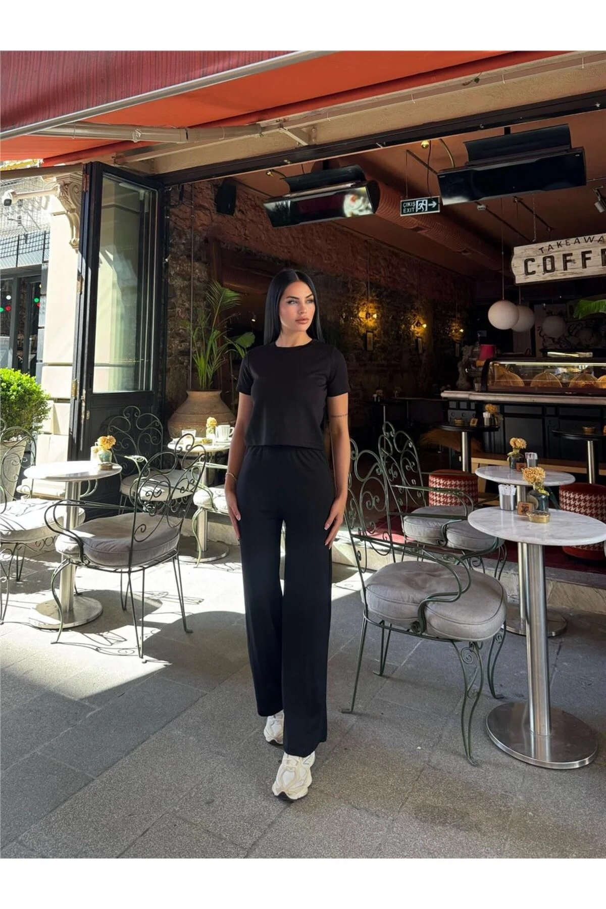 Siyah Modal Polyester Palazzo Takım