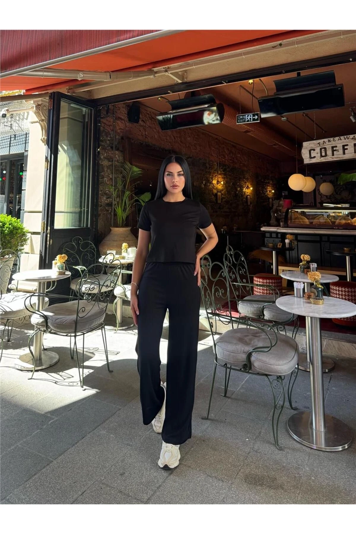 Siyah Modal Polyester Palazzo Takım