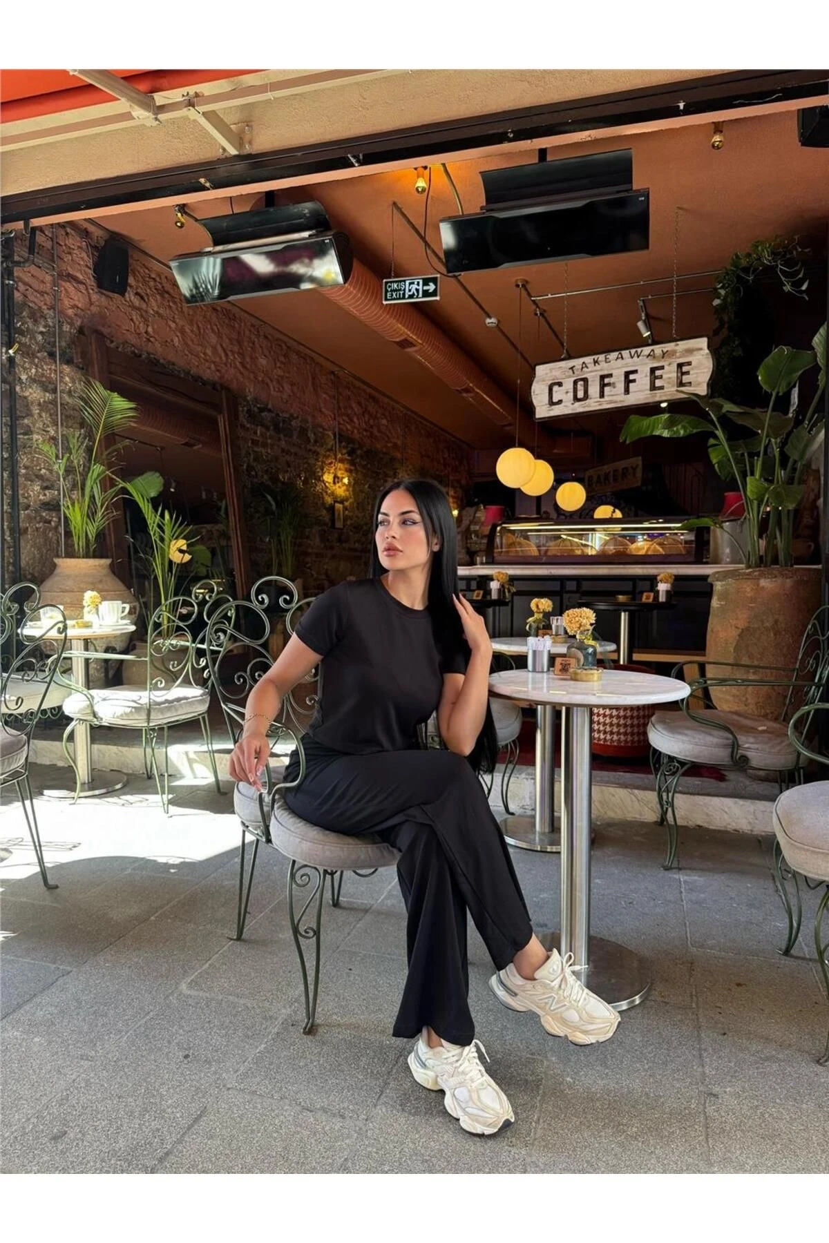 Siyah Modal Polyester Palazzo Takım