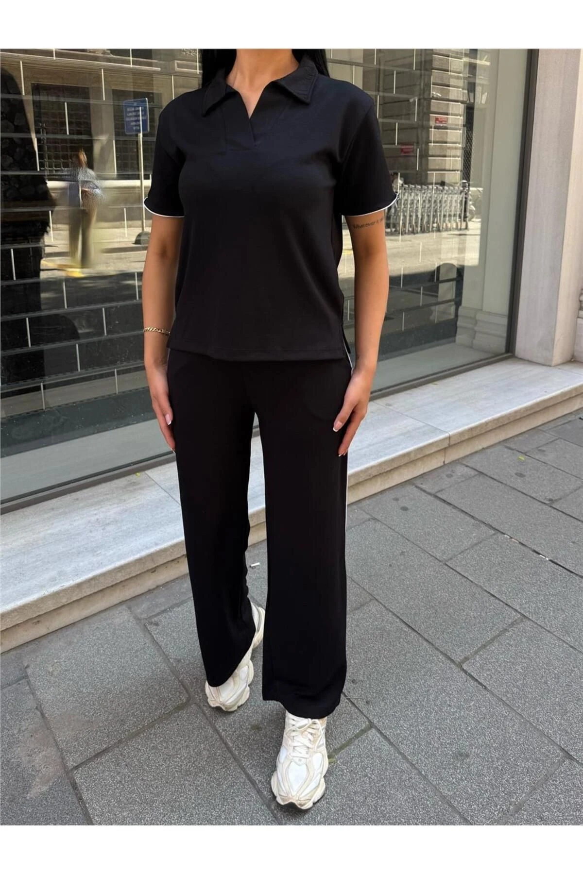 Siyah Polyester Keten Polo Yaka Takım