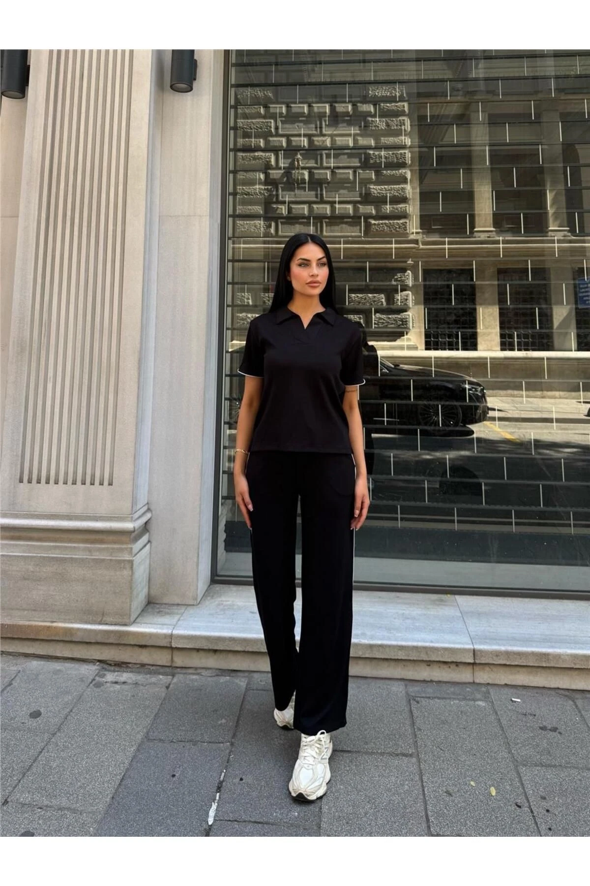 Siyah Polyester Keten Polo Yaka Takım