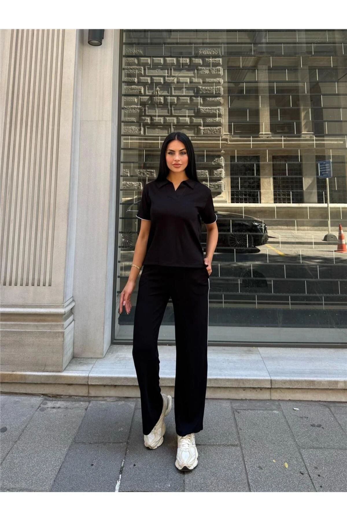 Siyah Polyester Keten Polo Yaka Takım