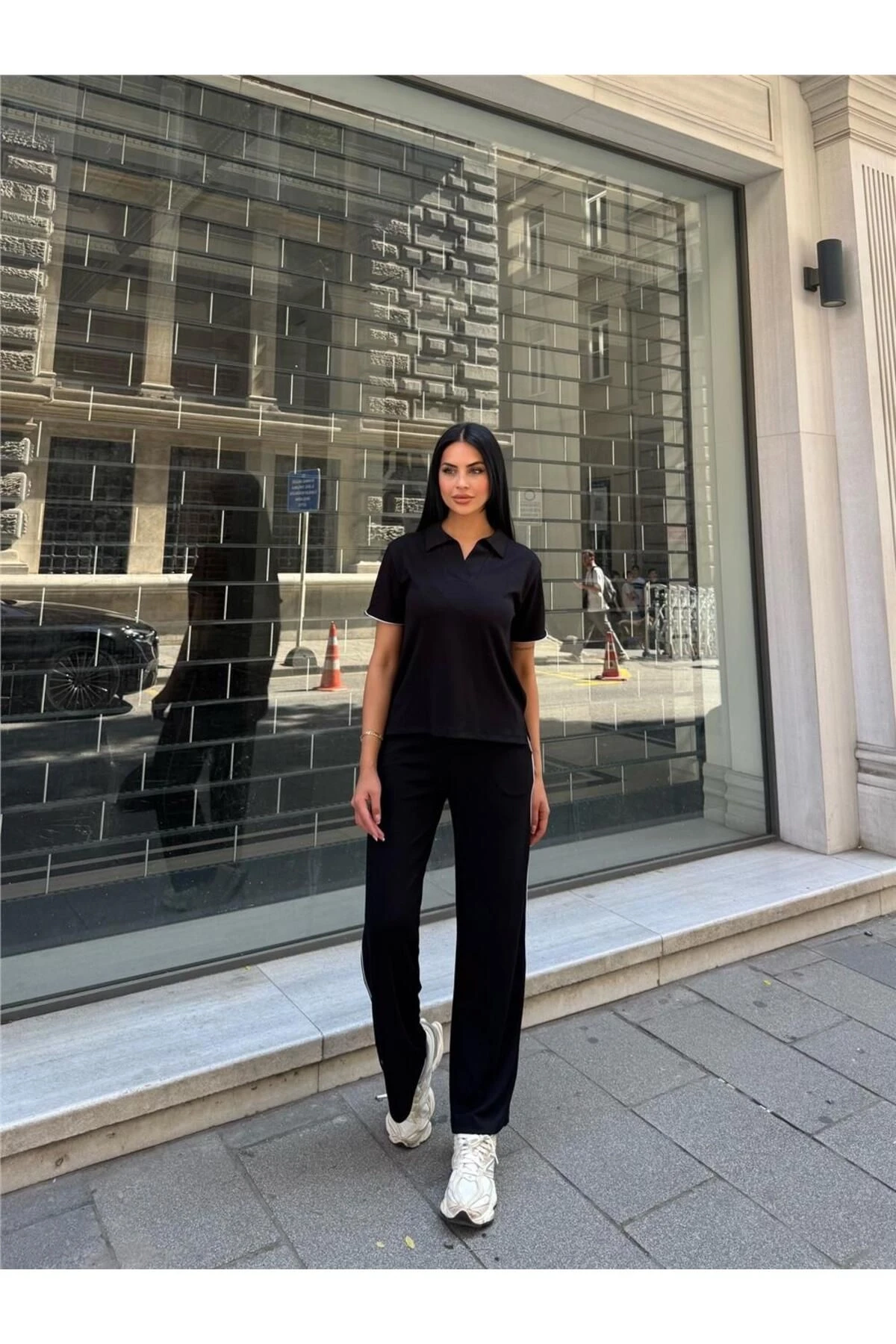 Siyah Polyester Keten Polo Yaka Takım