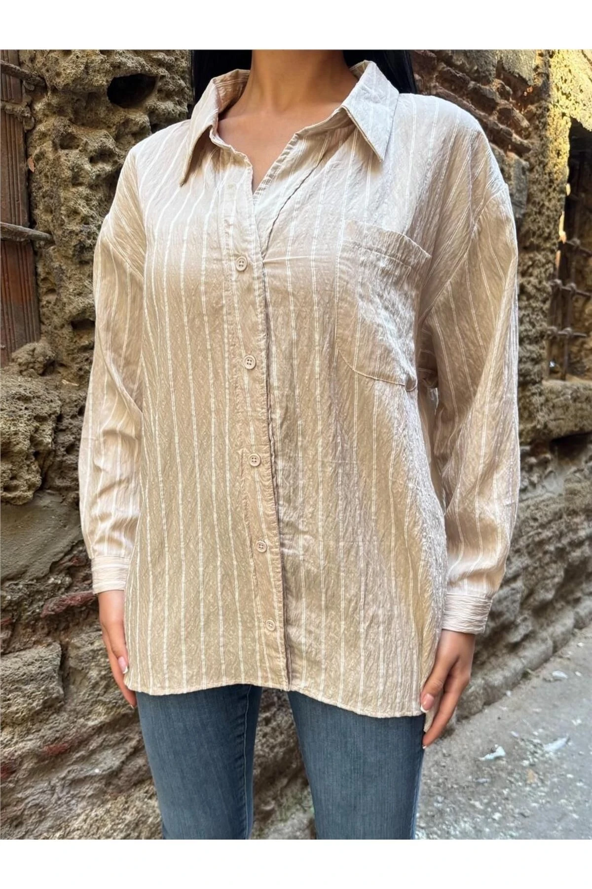 Taş Çizgili Oversize Düğmeli Gömlek