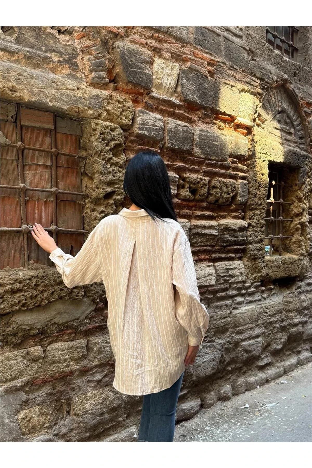 Taş Çizgili Oversize Düğmeli Gömlek