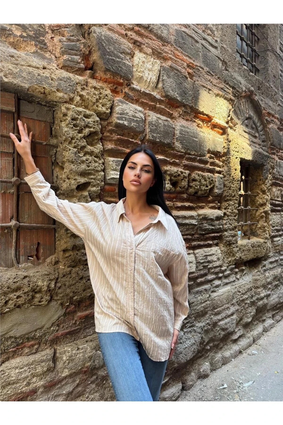 Taş Çizgili Oversize Düğmeli Gömlek
