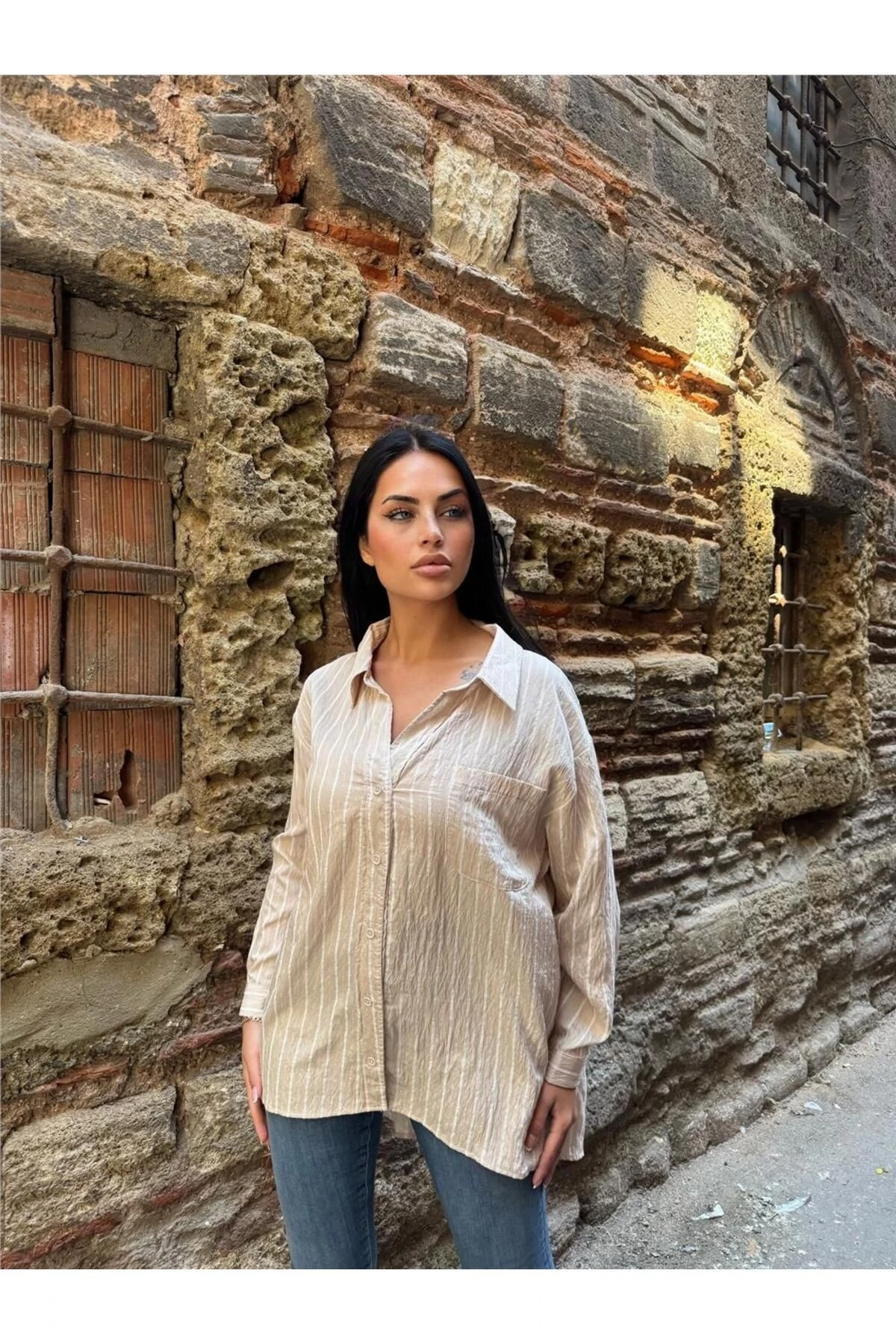 Taş Çizgili Oversize Düğmeli Gömlek