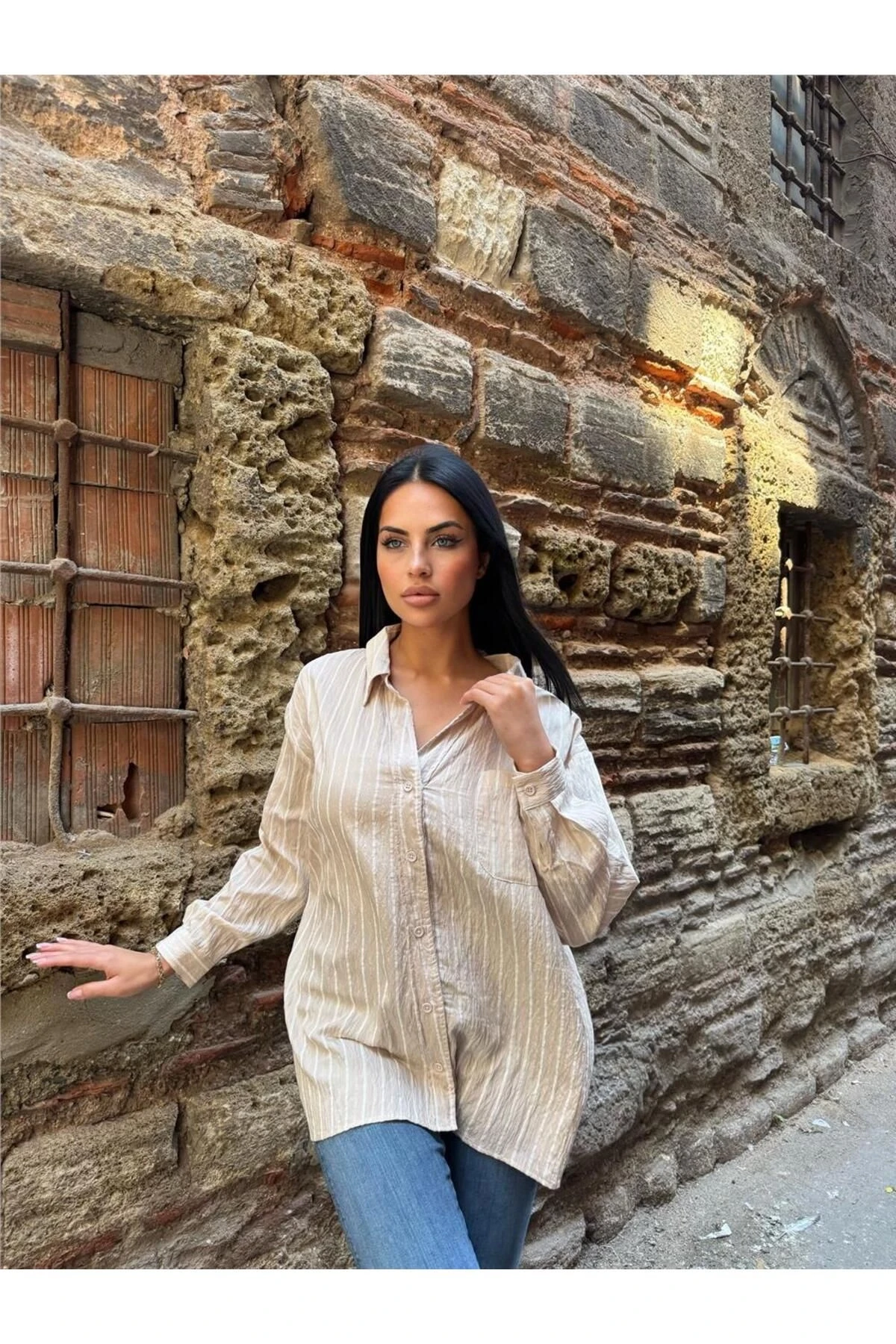 Taş Çizgili Oversize Düğmeli Gömlek