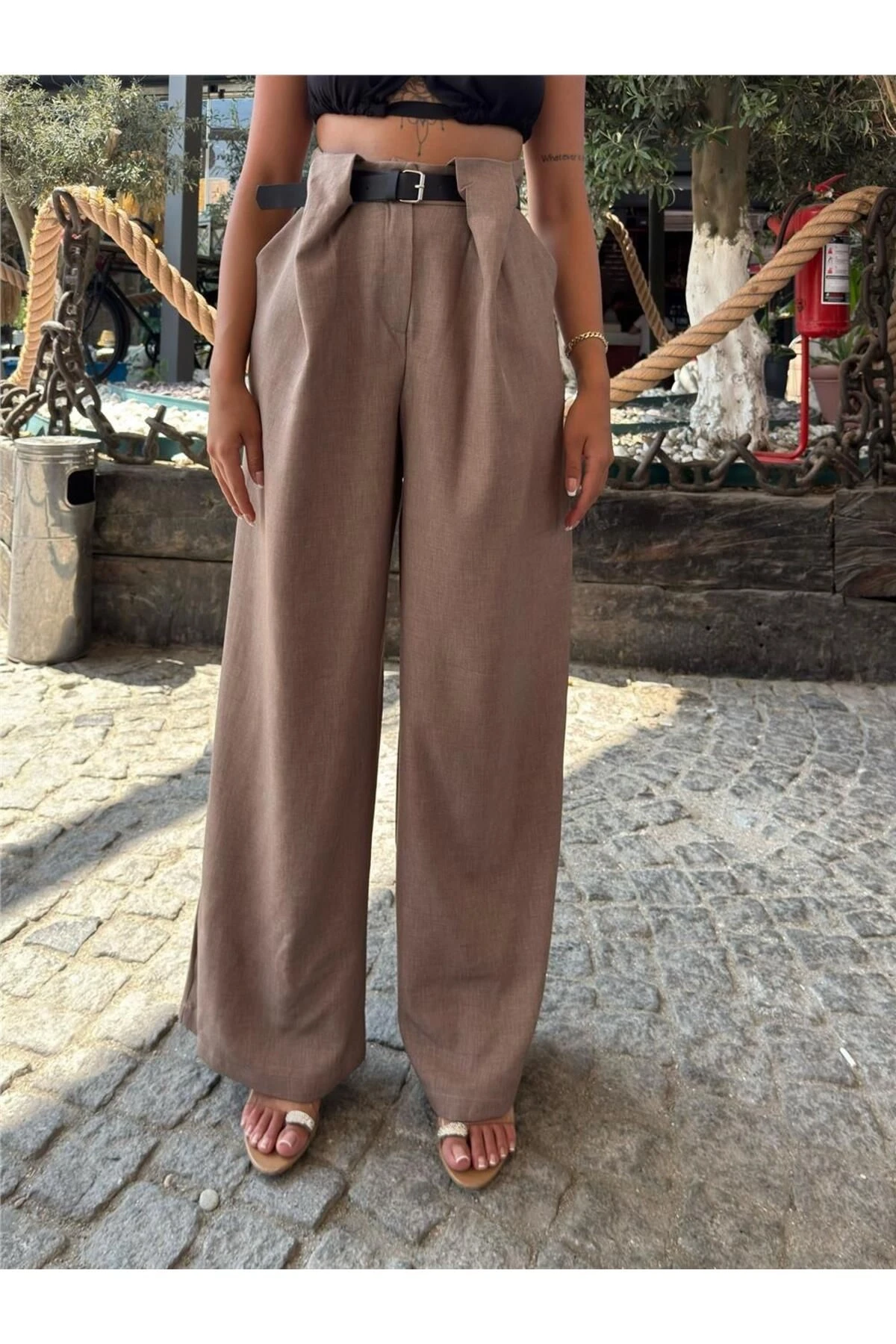 Vizon Keten Kemerli Pantolon