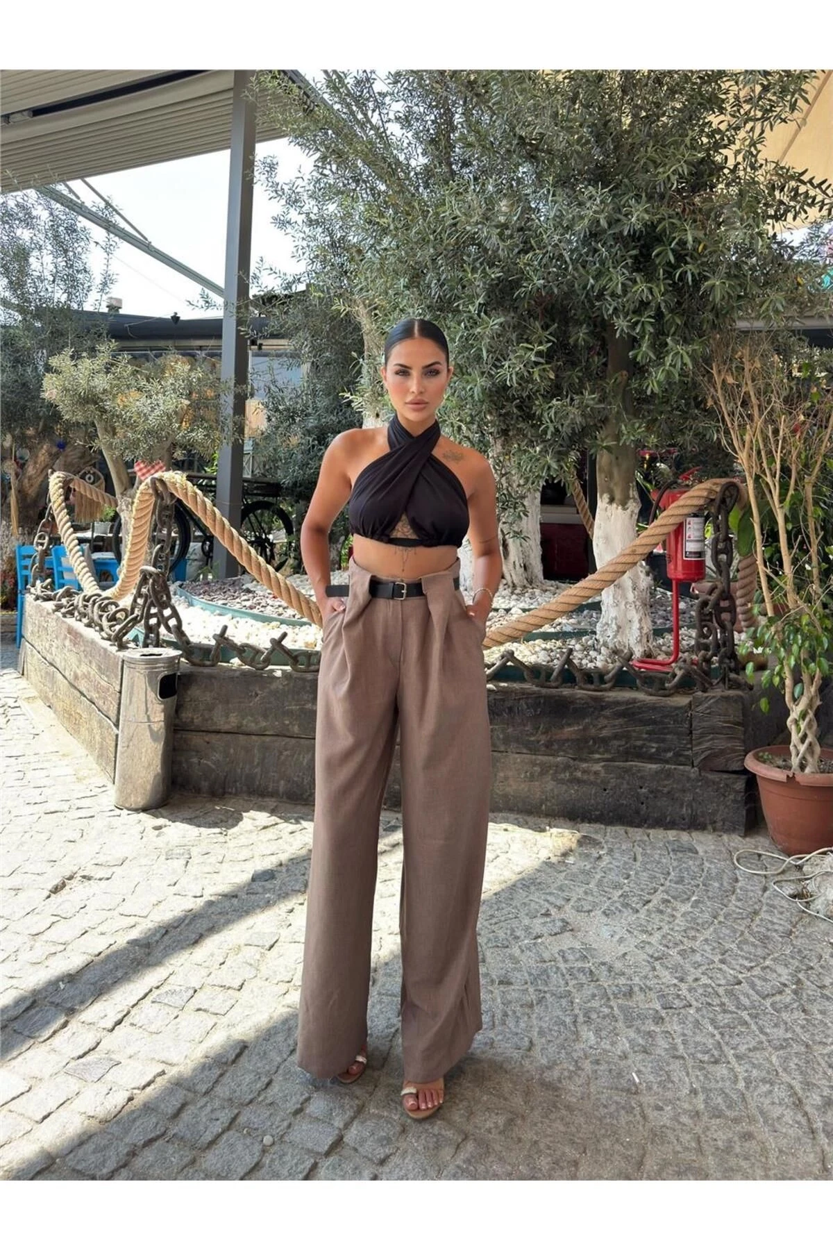 Vizon Keten Kemerli Pantolon