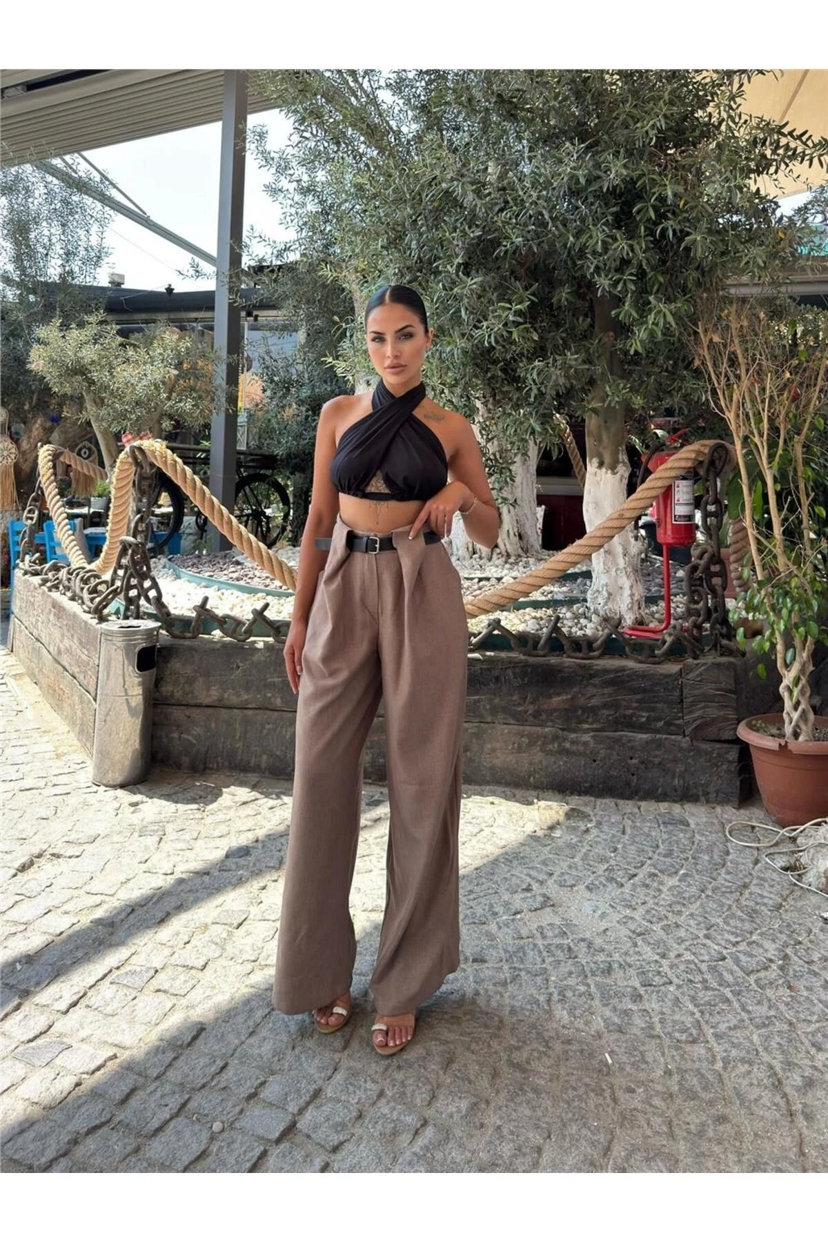 Vizon Keten Kemerli Pantolon