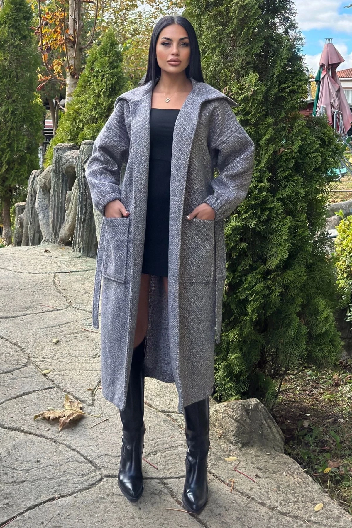 Antrasit Cepli, Balon Kol, Kemerli, Kalın Örgü Triko, Uzun Kaban