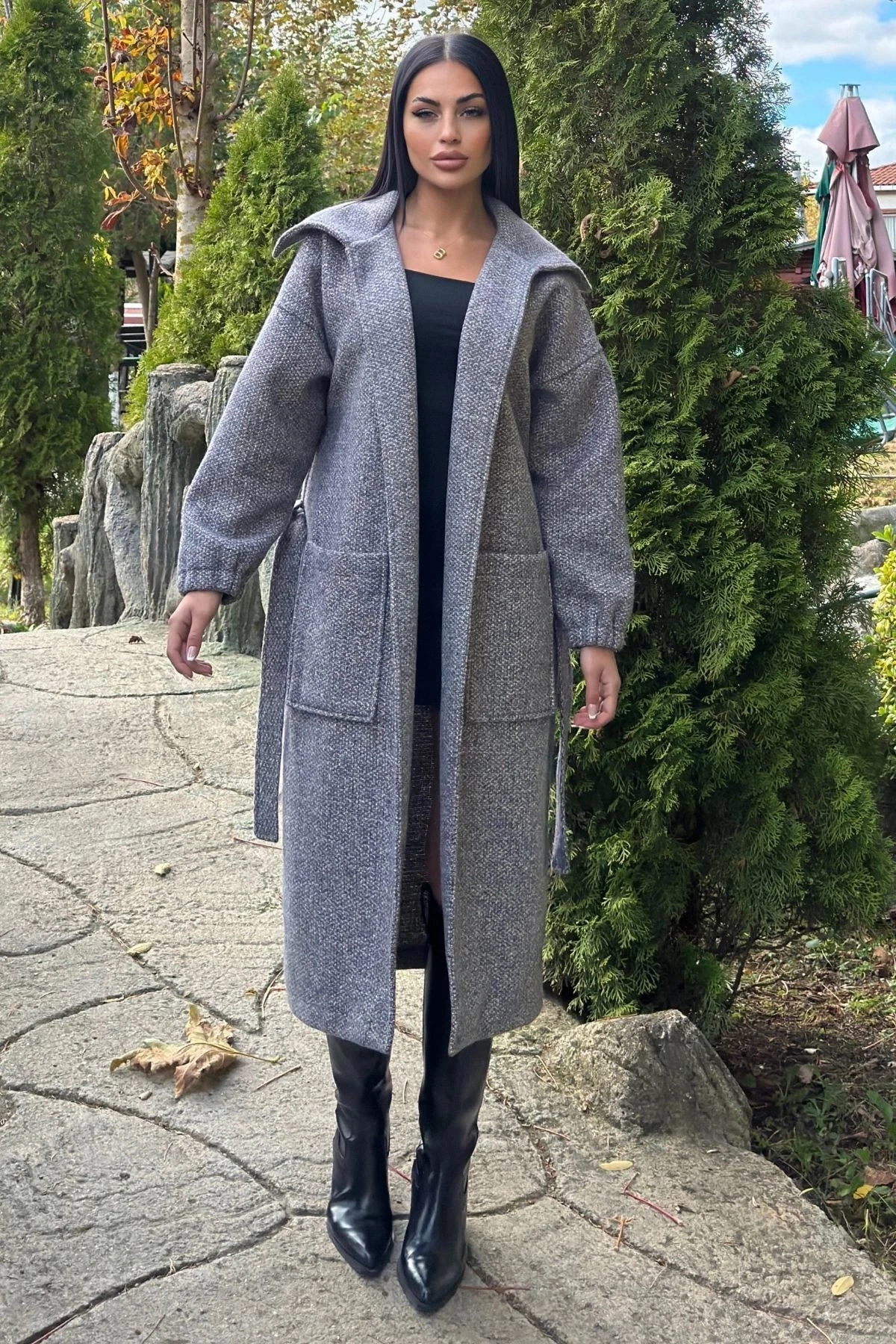 Antrasit Cepli, Balon Kol, Kemerli, Kalın Örgü Triko, Uzun Kaban