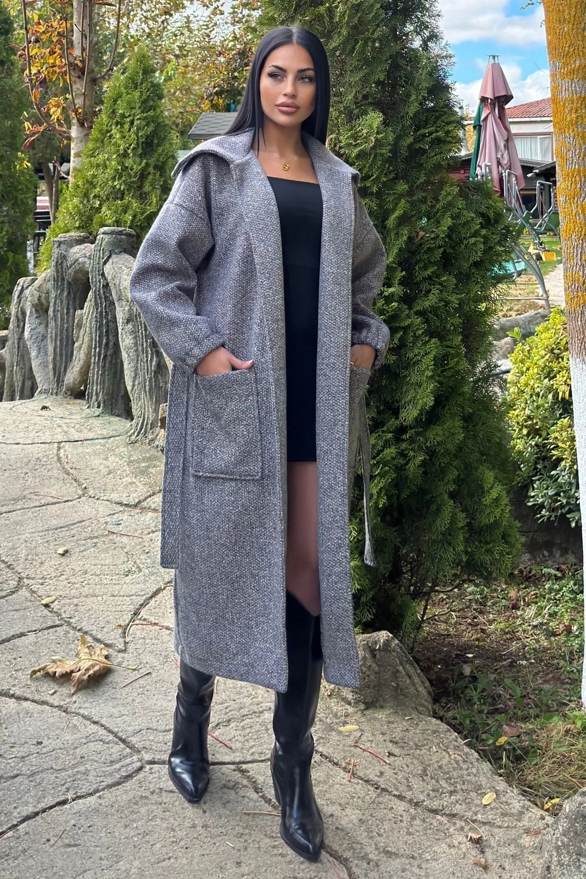 Antrasit Cepli, Balon Kol, Kemerli, Kalın Örgü Triko, Uzun Kaban