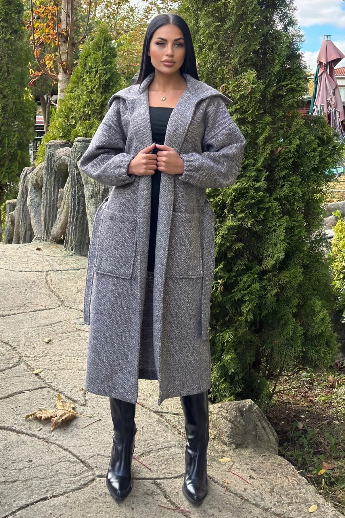 Antrasit Cepli, Balon Kol, Kemerli, Kalın Örgü Triko, Uzun Kaban