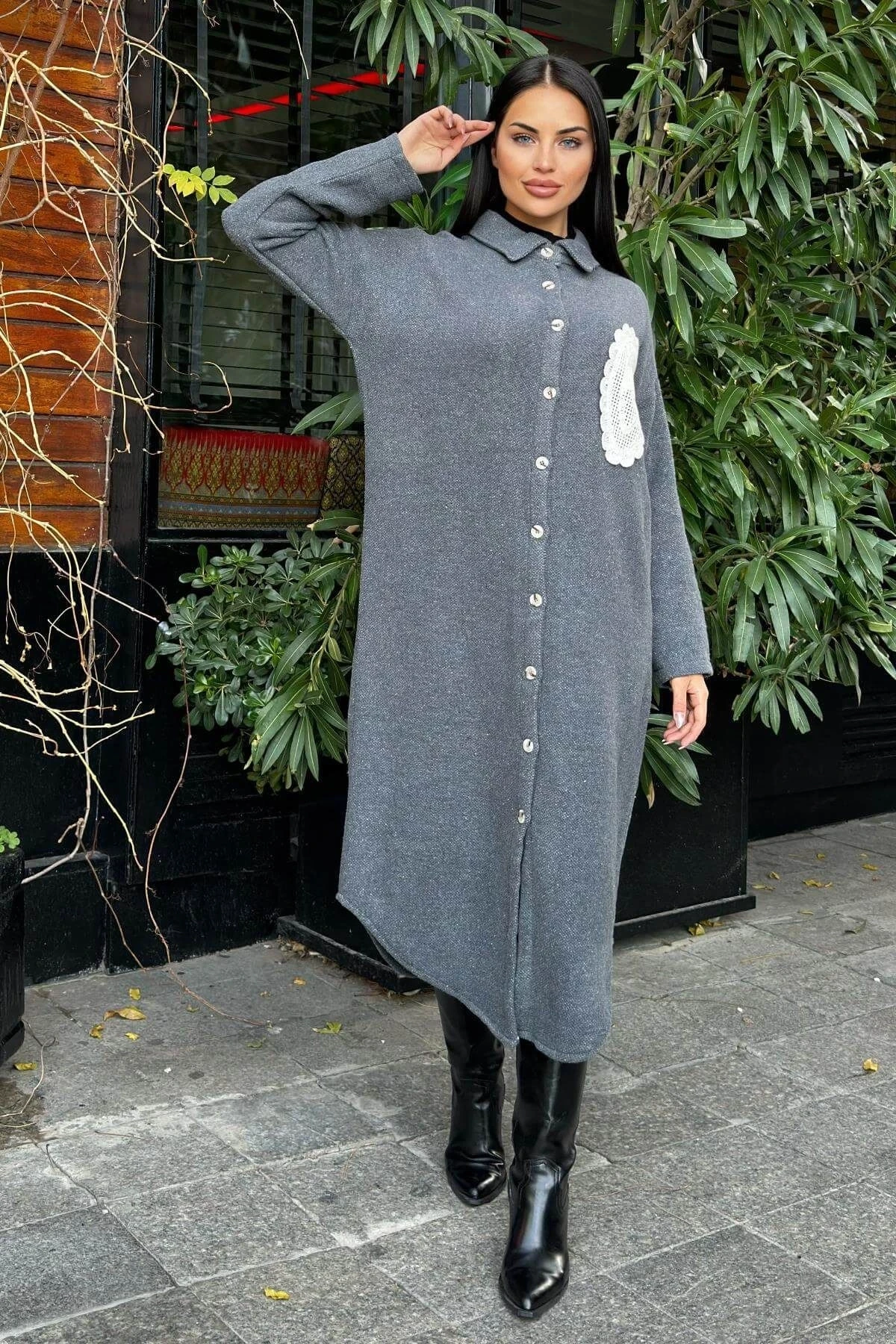 Antrasit Çift Taraflı Yumoş Dokulu, Aplike Detaylı, Duble Kaşe Gömlek Elbise