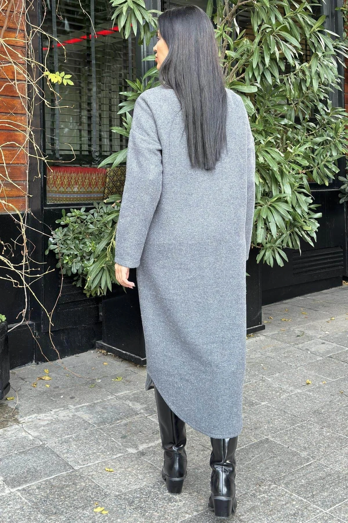 Antrasit Çift Taraflı Yumoş Dokulu, Aplike Detaylı, Duble Kaşe Gömlek Elbise