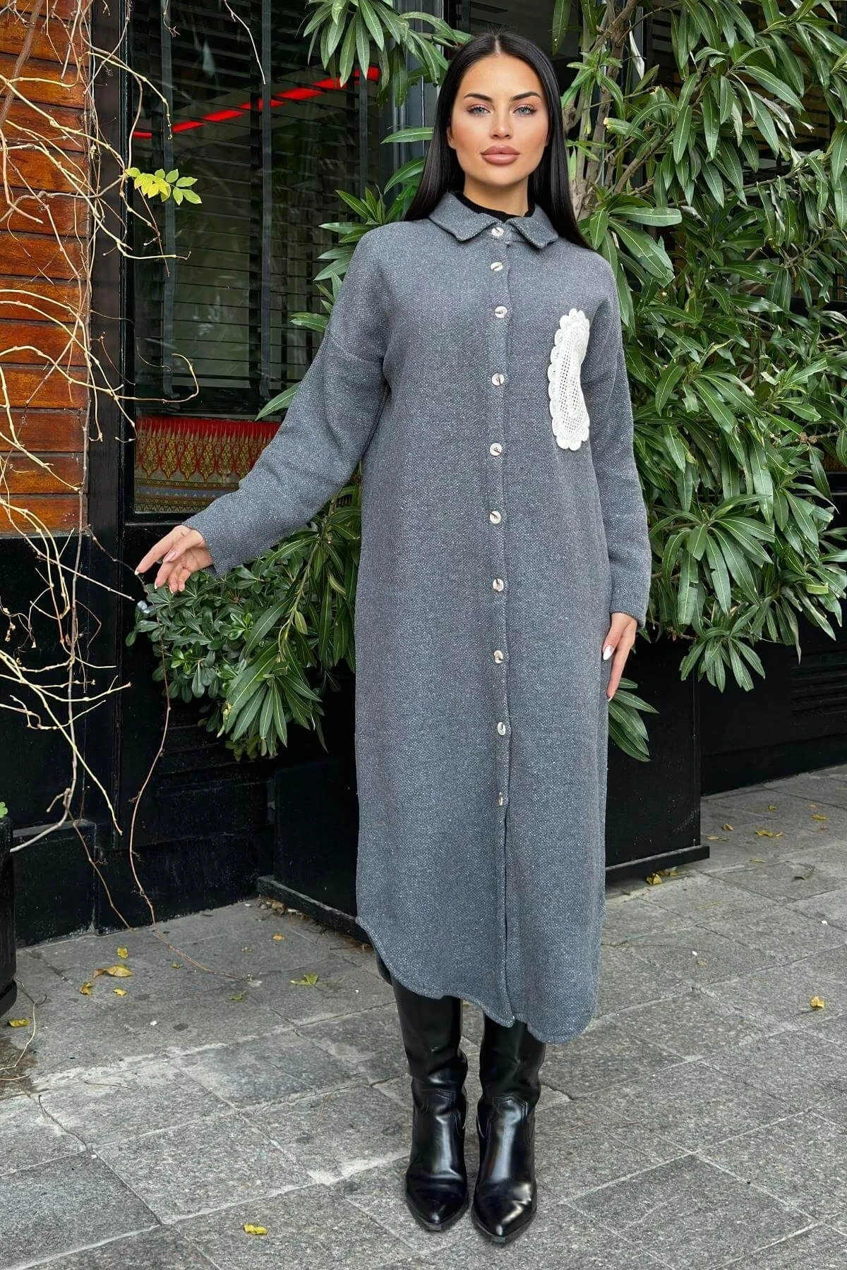 Antrasit Çift Taraflı Yumoş Dokulu, Aplike Detaylı, Duble Kaşe Gömlek Elbise