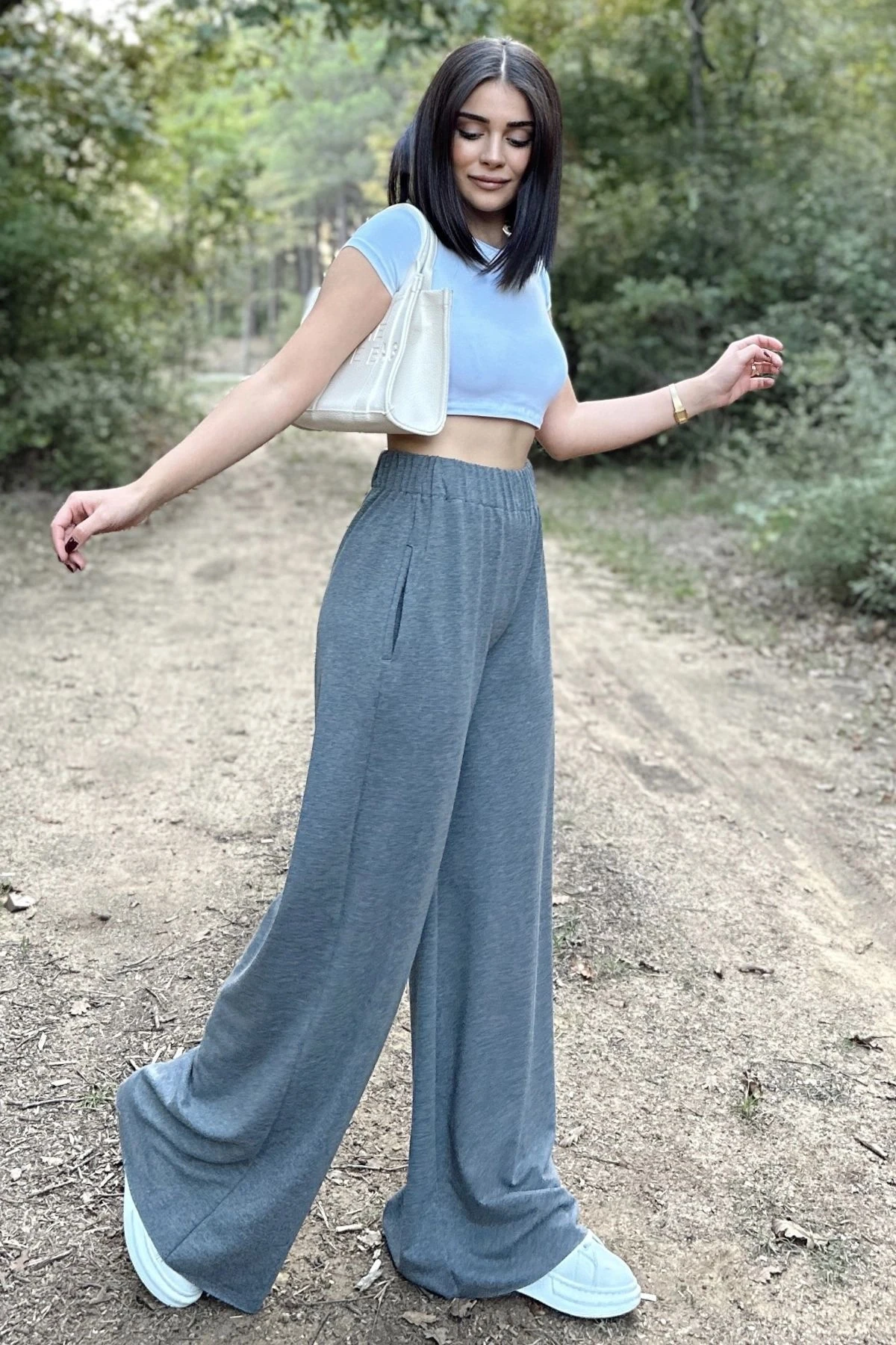 Antrasit Lastikli Yüksek Bel, Cepli, Bol Paça, Salaş Pantolon