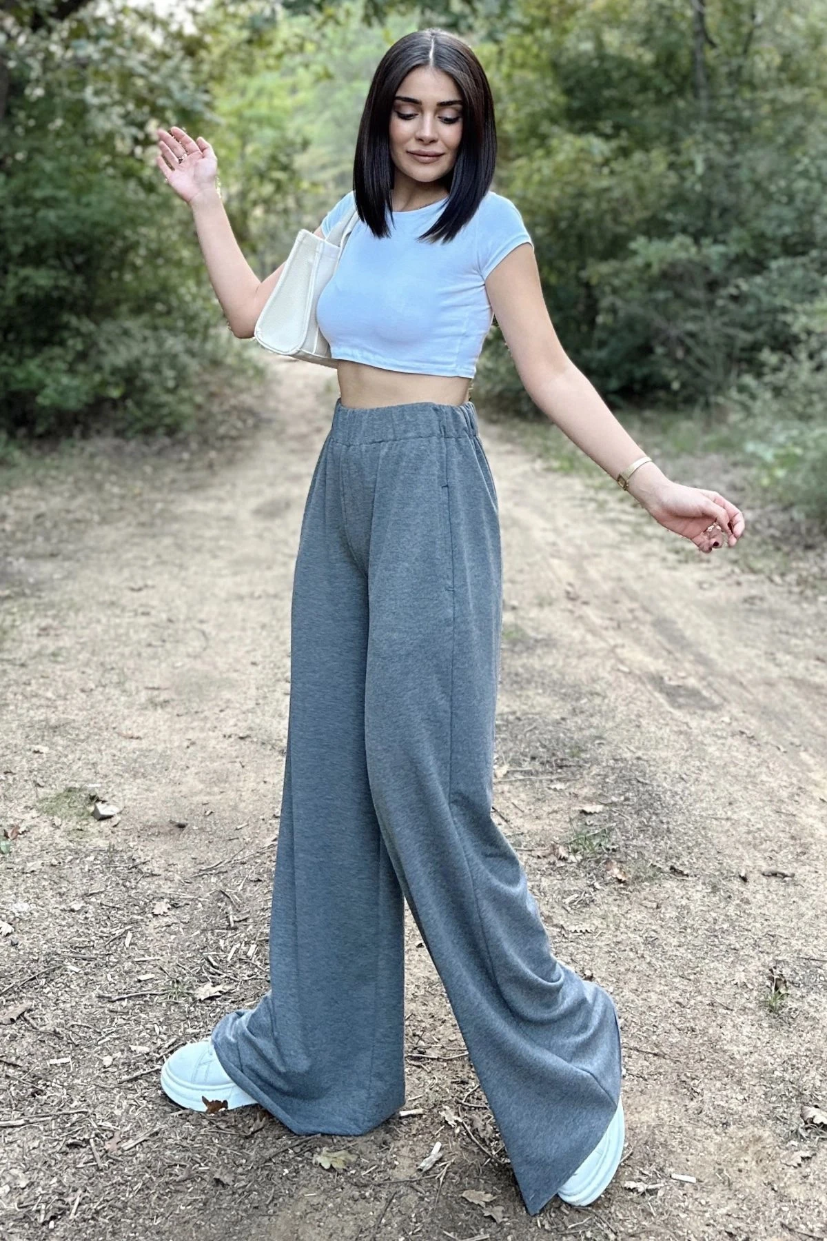 Antrasit Lastikli Yüksek Bel, Cepli, Bol Paça, Salaş Pantolon