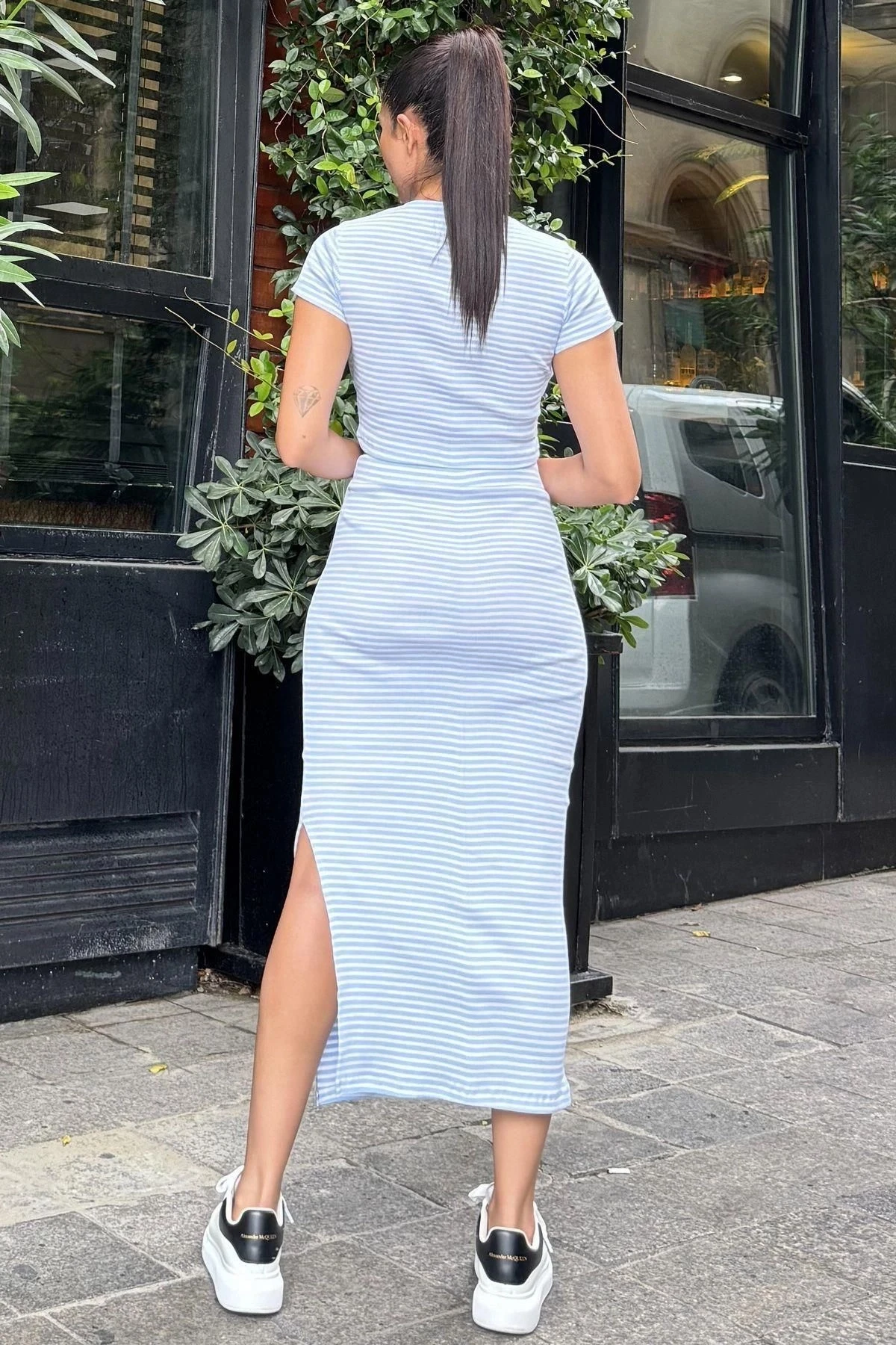 Bebe Mavi Çizgili Crop Bluz ve Kalem Etek Takım