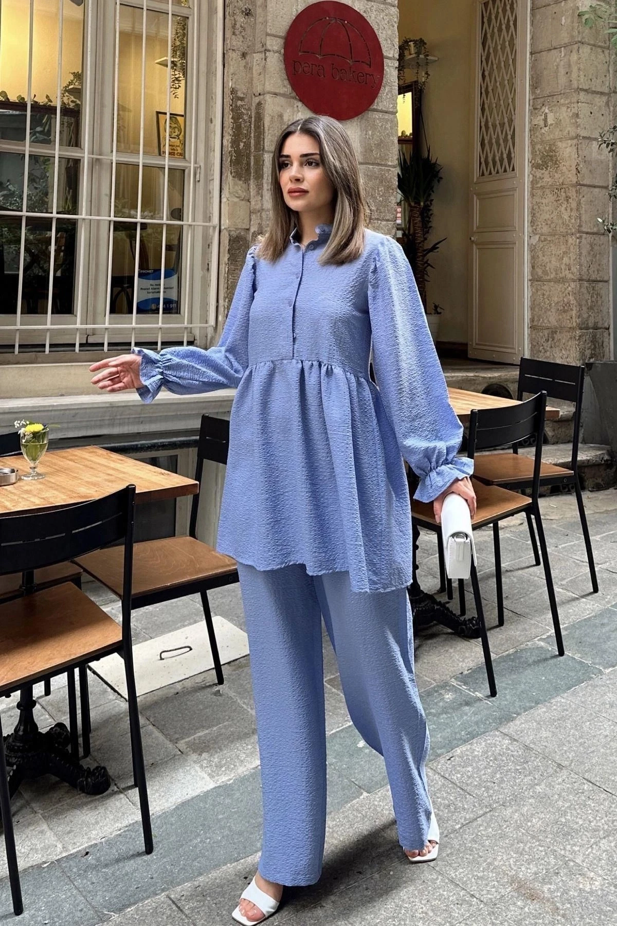 Bebe Mavi Hakim Yaka, Balon Kol, Tunik & Bol Paça Pantolon - Fırfırlı Salaş Alt & Üst Pamuklu Takım