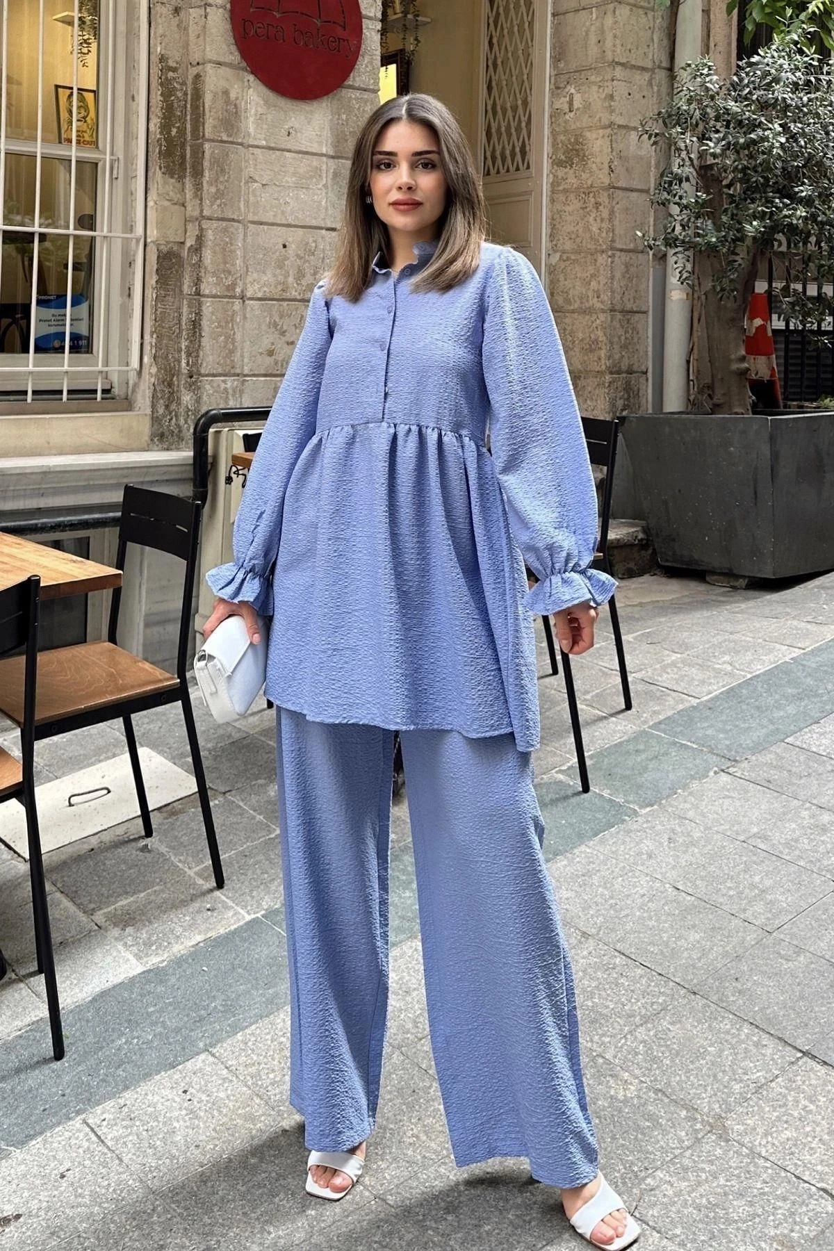 Bebe Mavi Hakim Yaka, Balon Kol, Tunik & Bol Paça Pantolon - Fırfırlı Salaş Alt & Üst Pamuklu Takım