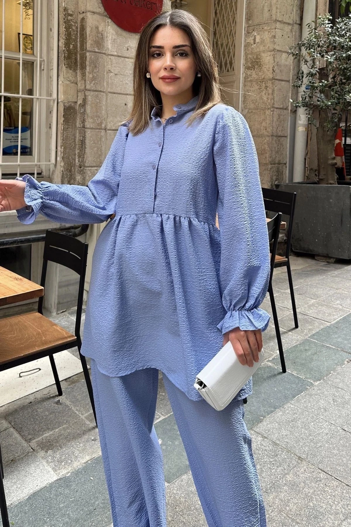 Bebe Mavi Hakim Yaka, Balon Kol, Tunik & Bol Paça Pantolon - Fırfırlı Salaş Alt & Üst Pamuklu Takım