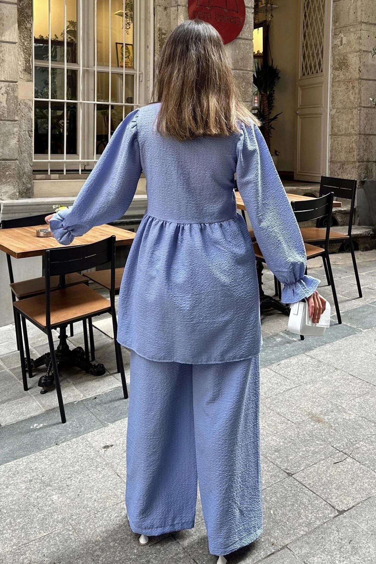 Bebe Mavi Hakim Yaka, Balon Kol, Tunik & Bol Paça Pantolon - Fırfırlı Salaş Alt & Üst Pamuklu Takım