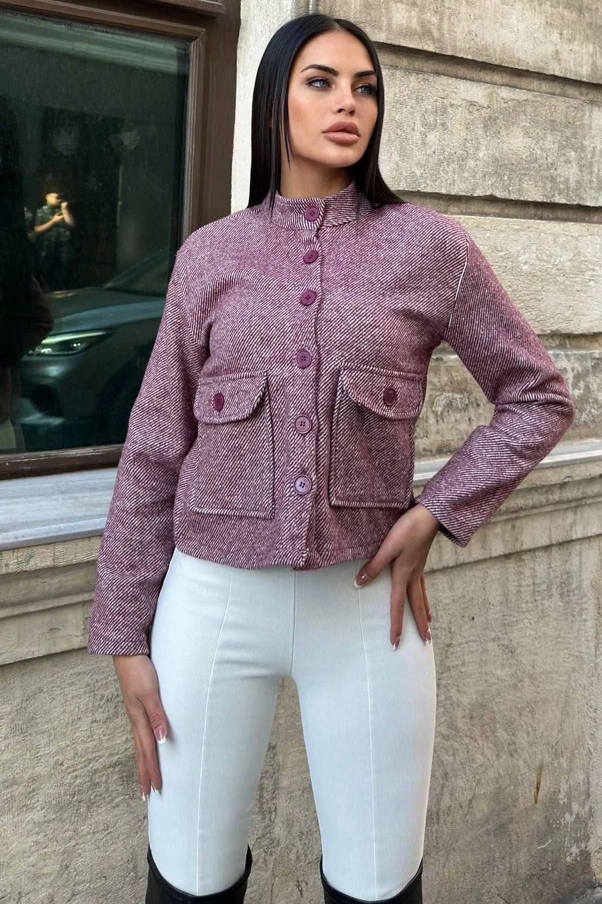 Bordo Dik Yaka, Çift Kapaklı Cep, Kısa Kesim, Diagonal Kaşe Ceket