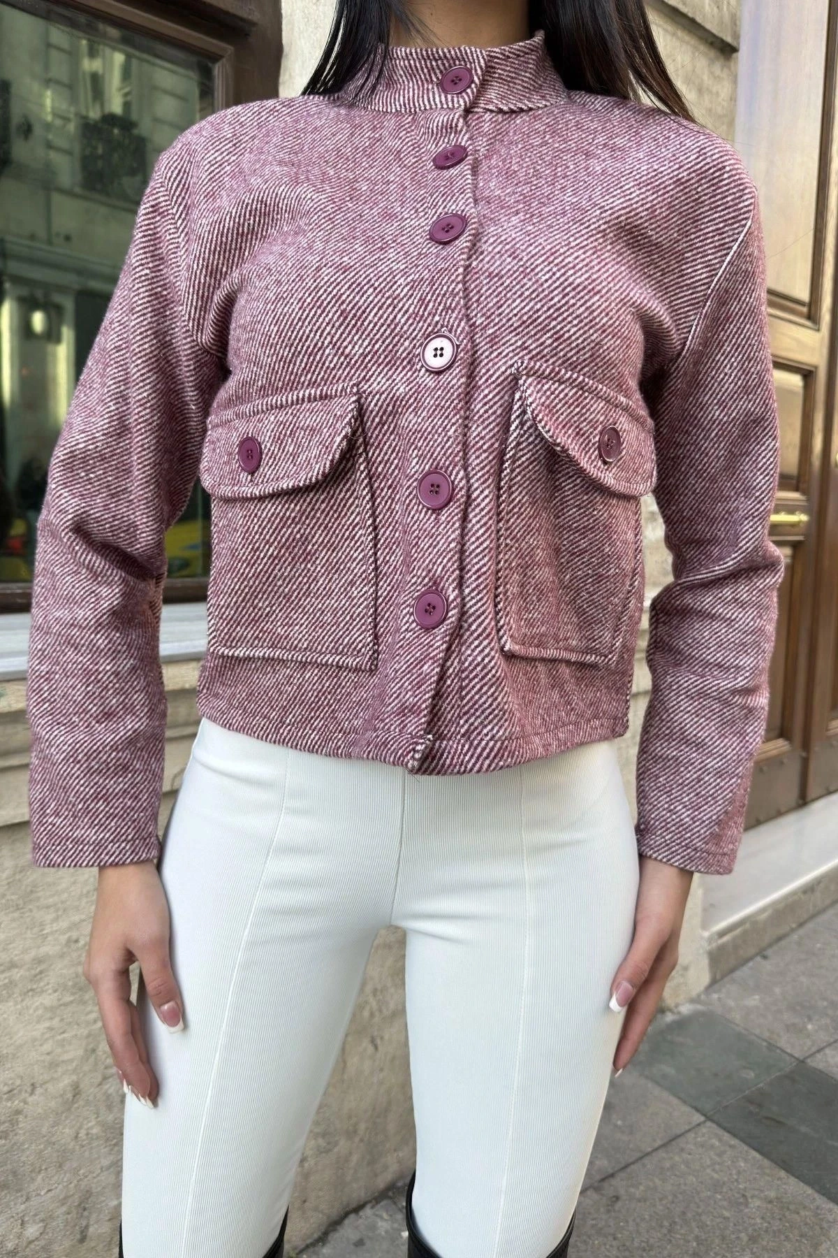 Bordo Dik Yaka, Çift Kapaklı Cep, Kısa Kesim, Diagonal Kaşe Ceket