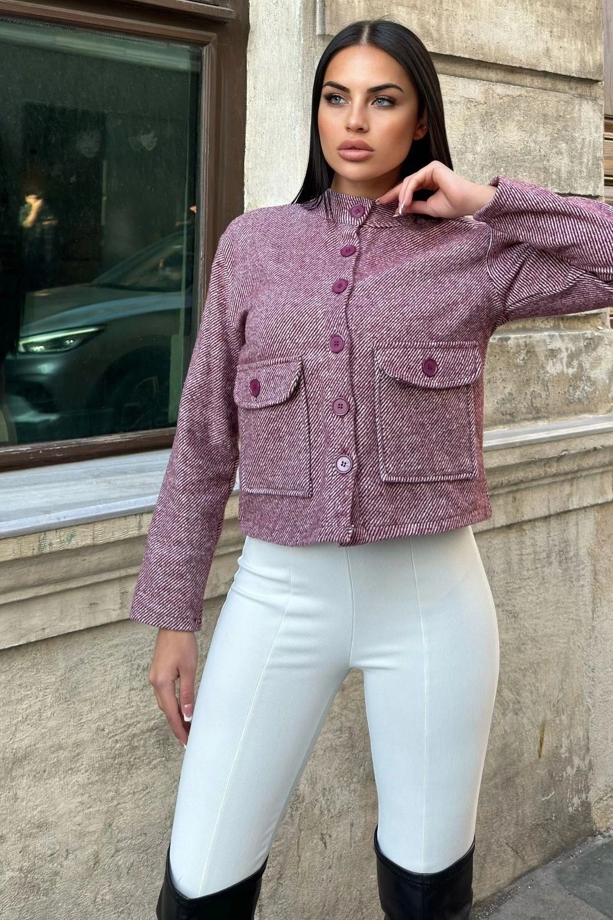 Bordo Dik Yaka, Çift Kapaklı Cep, Kısa Kesim, Diagonal Kaşe Ceket