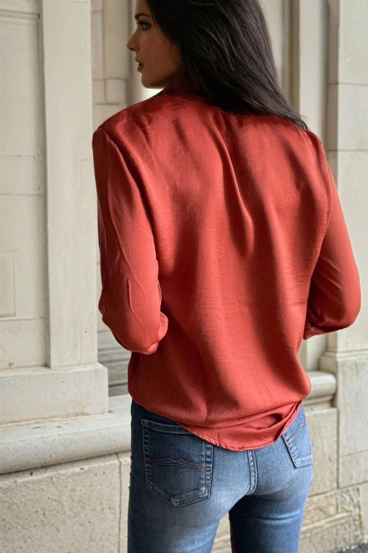 Bordo, Gizli Düğme Detaylı, Regular Kesimli, Saten Gömlek