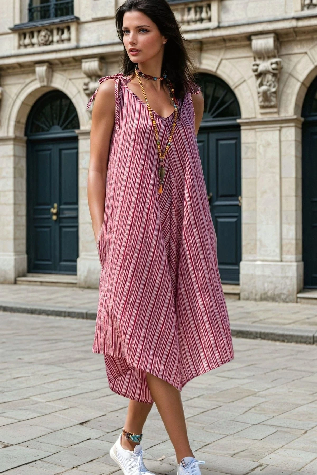 Bordo, V Yaka, Çizgili, İnce Askılı, Cep Detaylı, Salaş Kesim Tulum