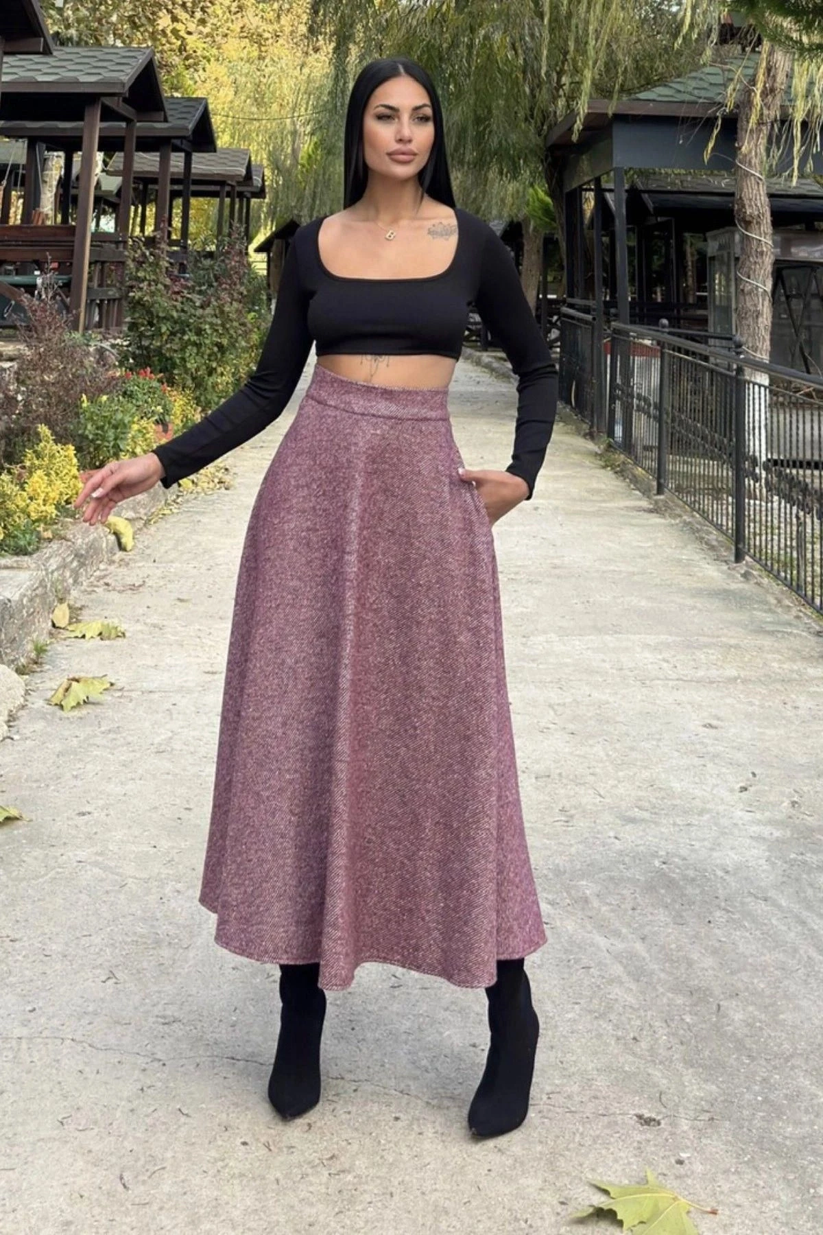 Bordo Yüksek Bel, Cepli, Kiloş Kesim, Uzun Kaşe Etek