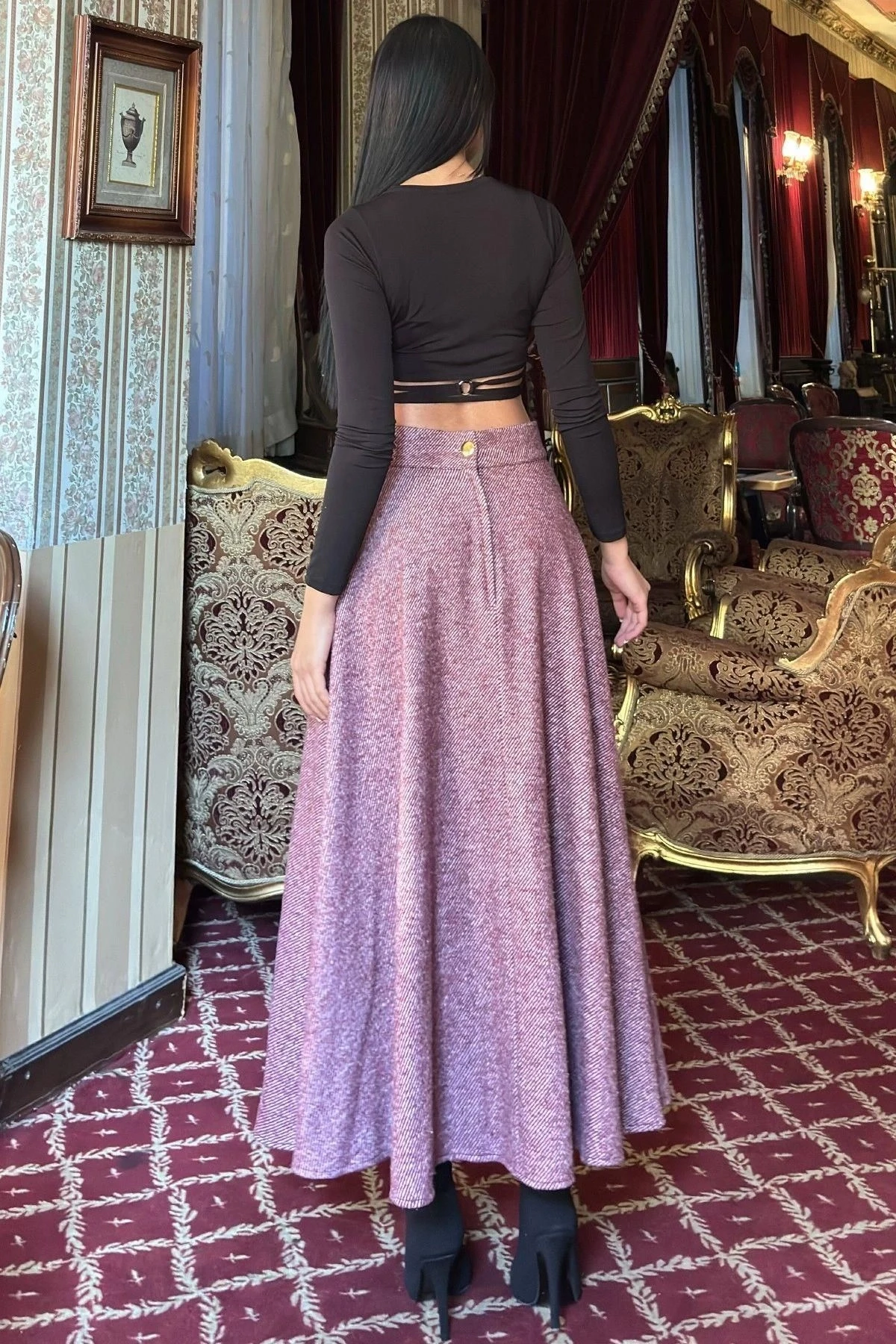 Bordo Yüksek Bel, Cepli, Kiloş Kesim, Uzun Kaşe Etek