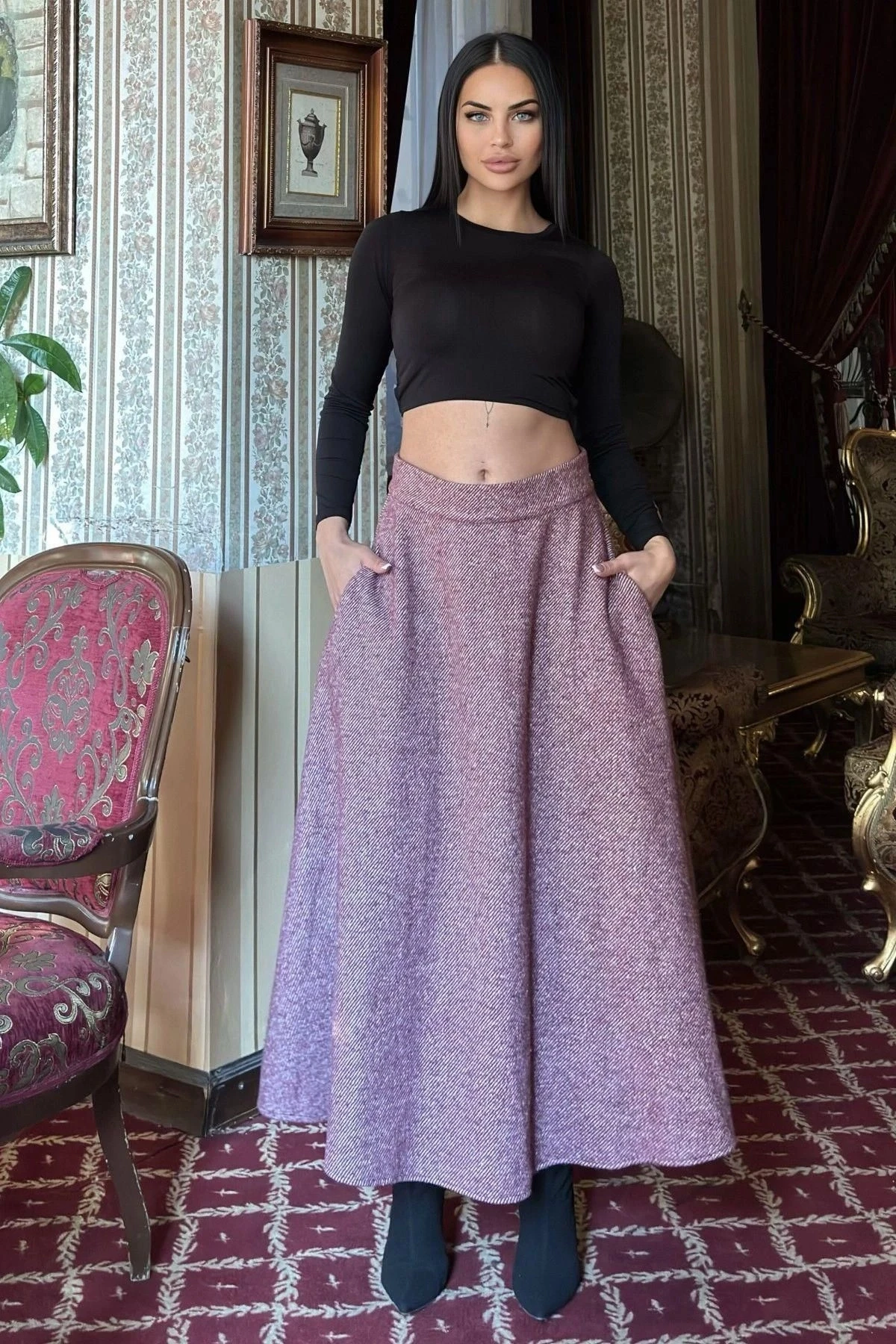 Bordo Yüksek Bel, Cepli, Kiloş Kesim, Uzun Kaşe Etek