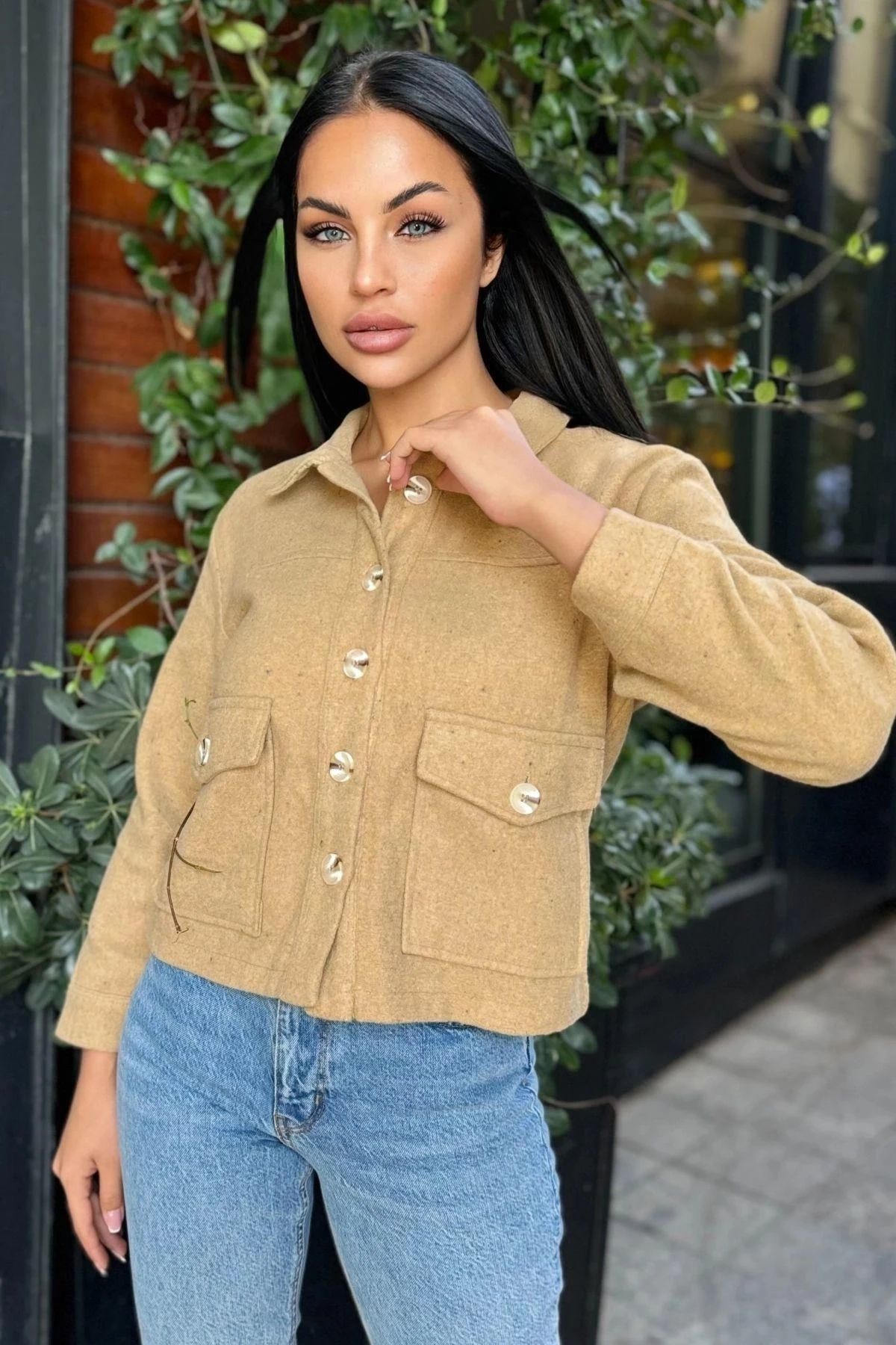 Camel Çift Cepli, Düğmeli Kaşe Ceket
